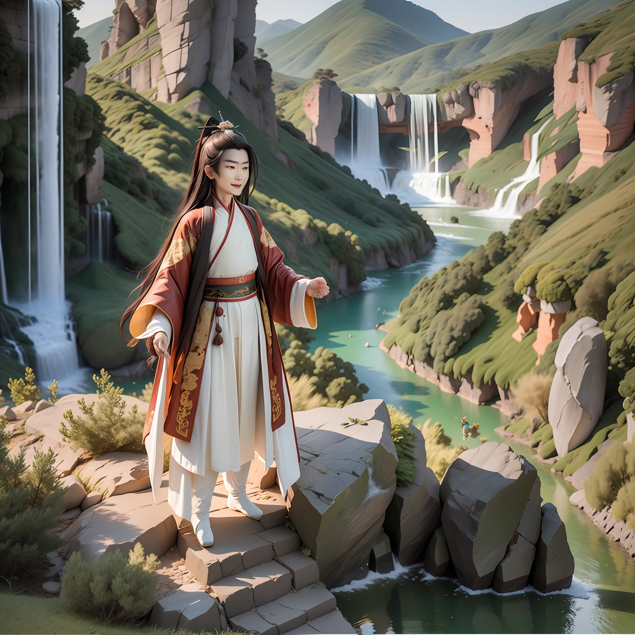 (Masterpiece),(Need),(Super meticulous),(all body:1.2),（1boy，6-year-old Tang dynasty poet Li Bai，white hanfu，Laugh，Cliffs and waterfalls in the background，chibi，full body，