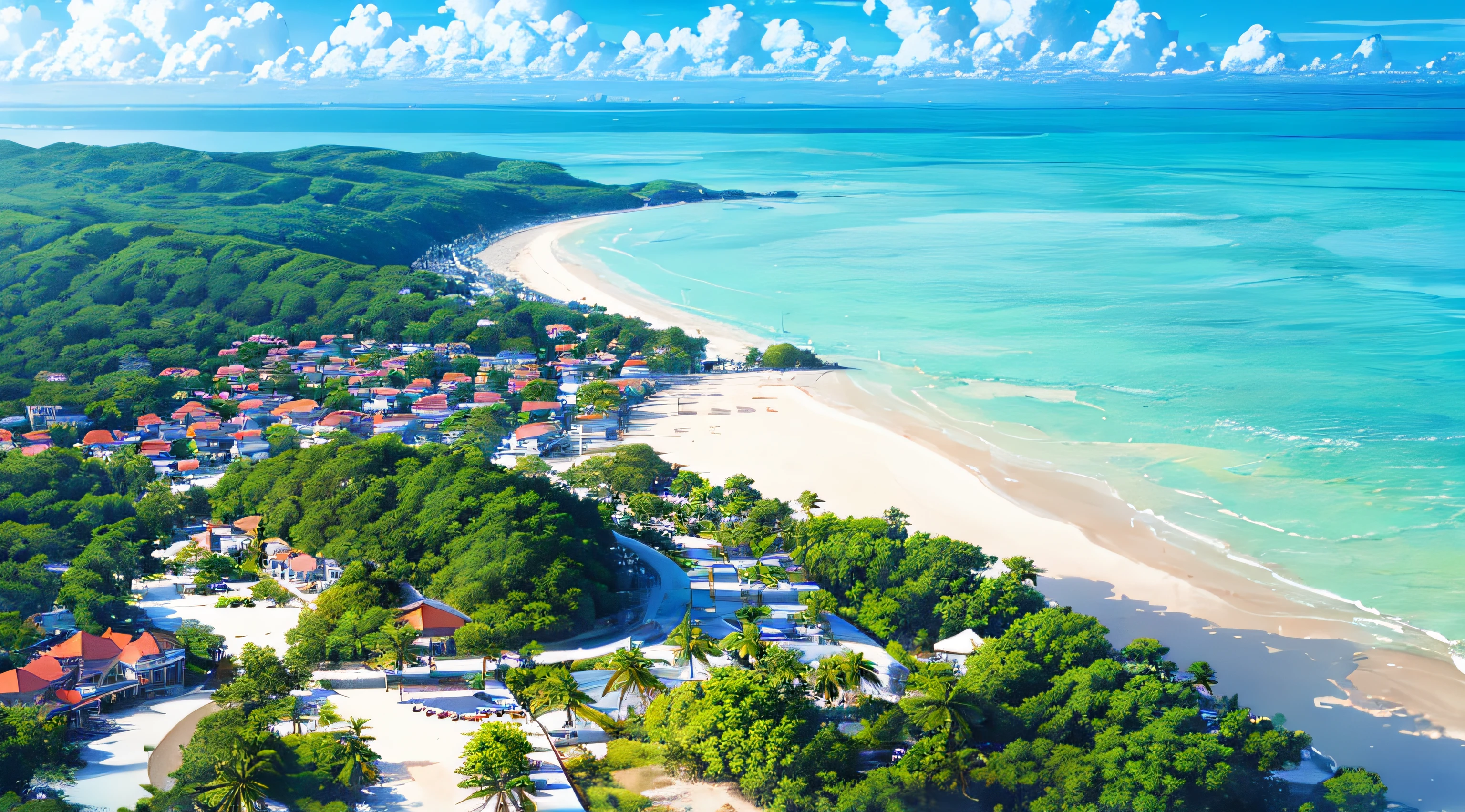 natural calm sea, crystal clear sea, white sandy beach, resort, aerial view, (day: 1.2), ((natural lighting)), clear focus, (long shot: 1.1), watercolor