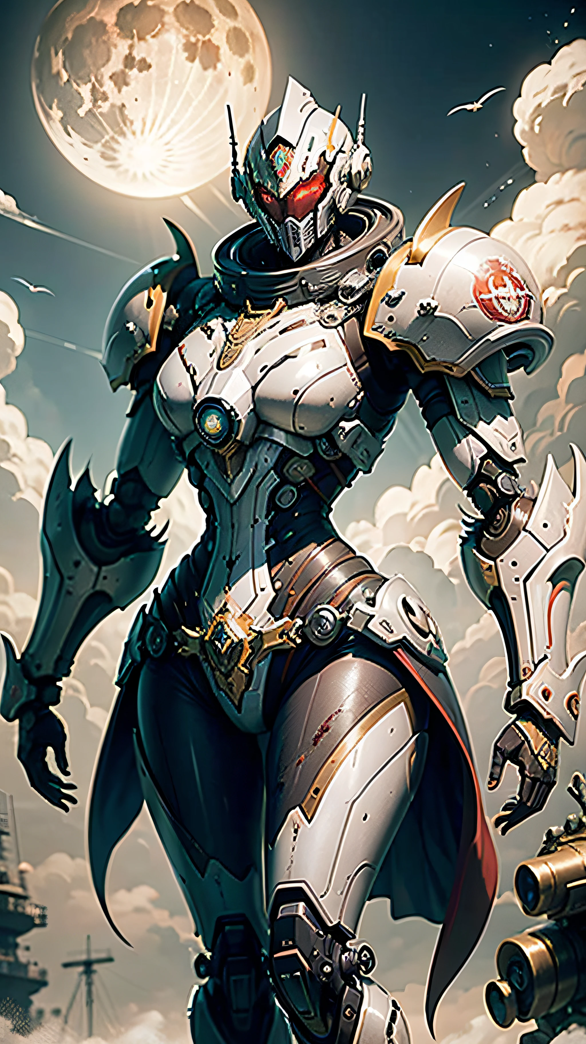 Space marine, harhammer 40,000, mundo em guerra, linda mulher cyberpunk com armadura mecha master chef halo muito detalhado, cores vibrantes, metallic red, sujo de sangue, with sky with clouds and full moon and battleships, corpo inteiro com armadura detalhada, campo de batalha sangrento,
