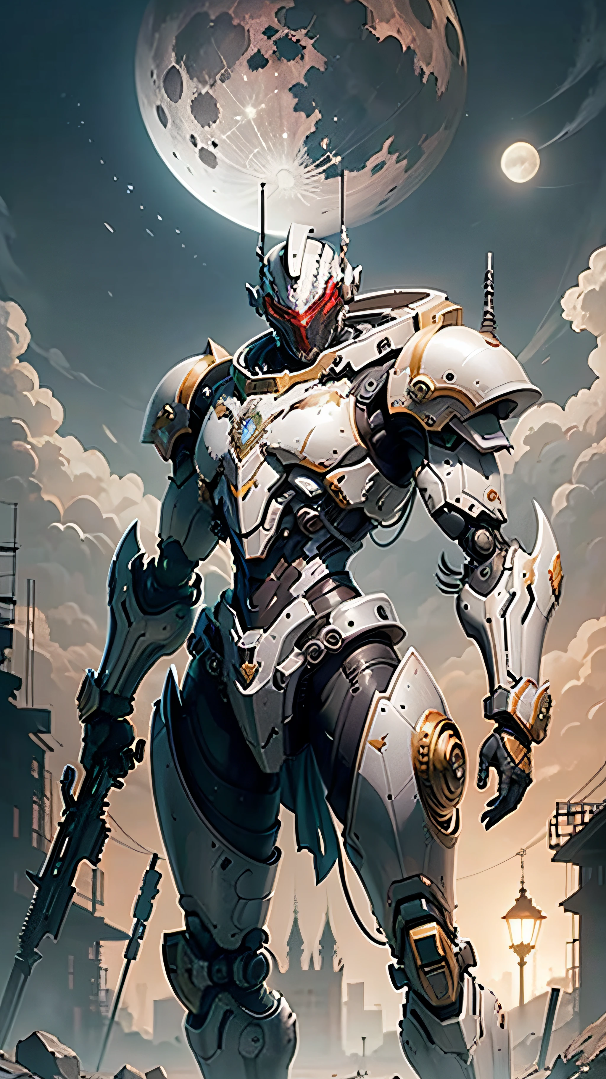 Space marine, harhammer 40,000, mundo em guerra, linda mulher cyberpunk com armadura mecha master chef halo muito detalhado, cores vibrantes, metallic red, sujo de sangue, with sky with clouds and full moon and battleships, corpo inteiro com armadura detalhada, campo de batalha sangrento,