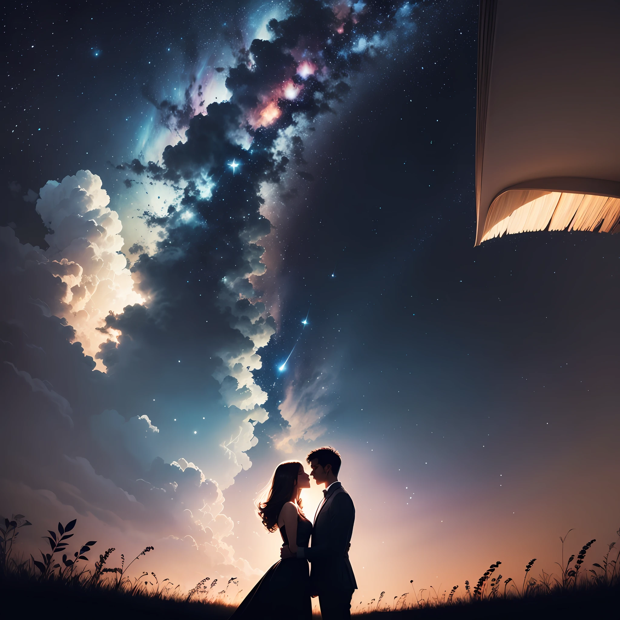 Uma capa de livro, only the black shadow of the silhouette of the romantic couple , and countless beautiful stars in the sky --auto