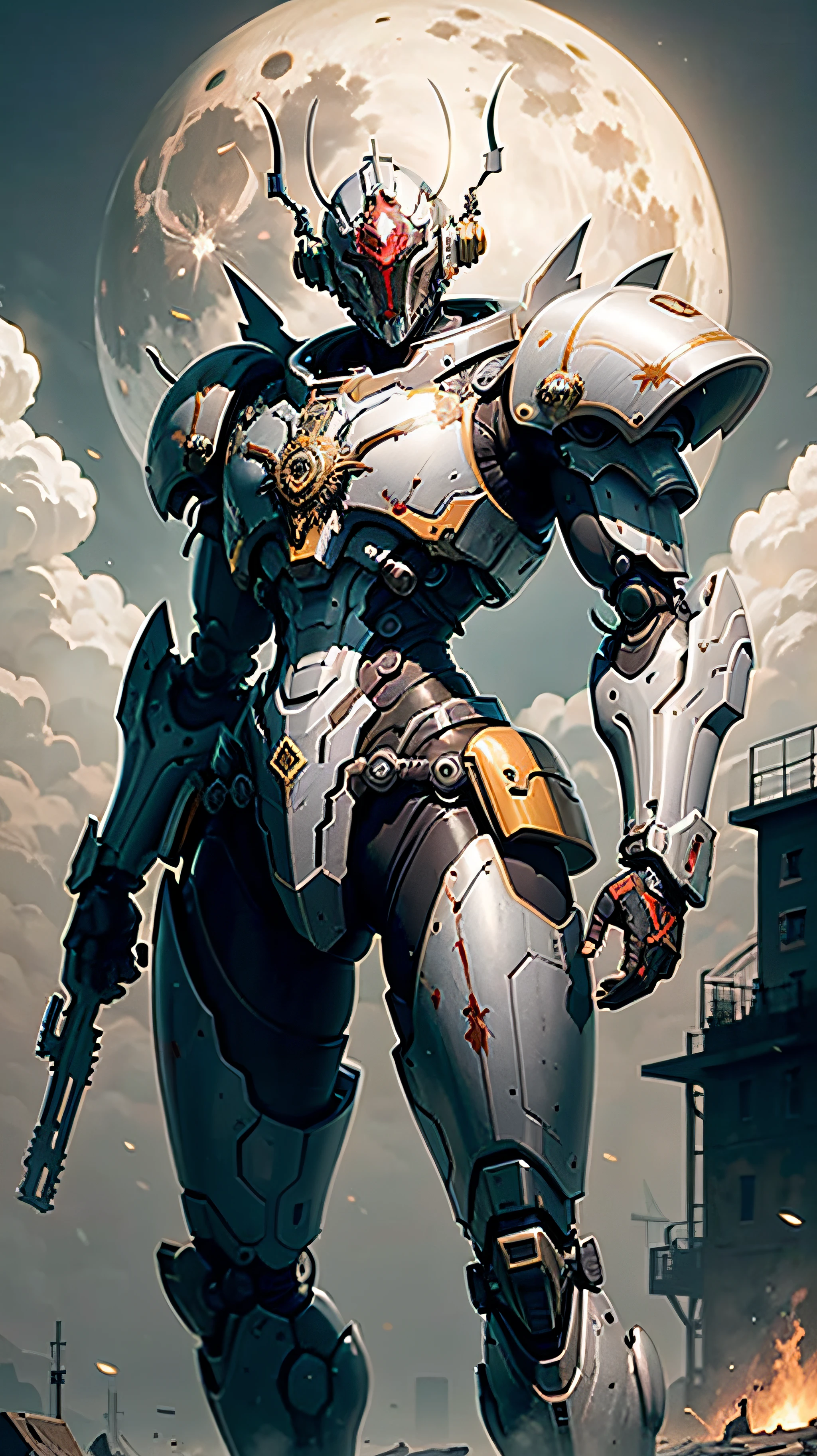 Space marine, harhammer 40,000, mundo em guerra, linda mulher cyberpunk com armadura mecha master chef halo muito detalhado, cores vibrantes, metallic red, sujo de sangue, with sky with clouds and full moon and battleships, corpo inteiro com armadura detalhada, campo de batalha sangrento,