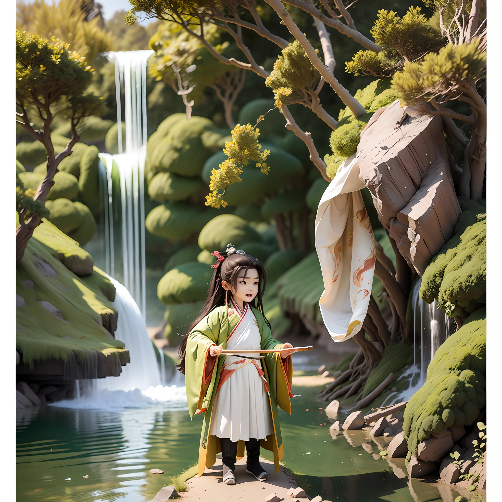 (Masterpiece),(Need),(Super meticulous),(all body:1.2),(1boy,Li Bai, a 10-year-old poet of the Tang Dynasty,Hanfu,Laugh,Stand beneath cliffs and waterfalls,Chibi T-Shi,Full body,
