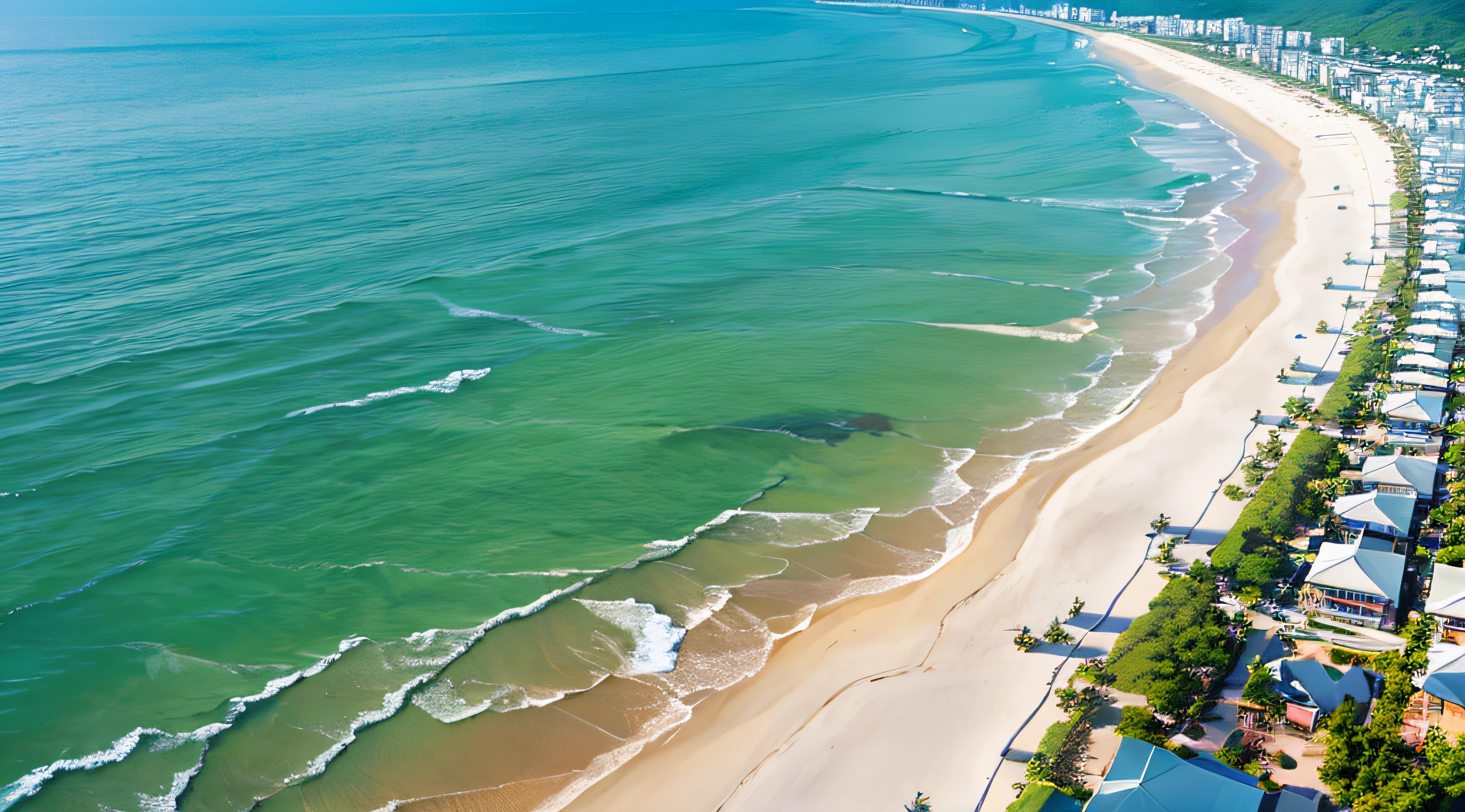 natural calm sea, crystal clear sea, white sandy beach, resort, aerial view, (day: 1.2), ((natural lighting)), clear focus, (long shot: 1.1), watercolor