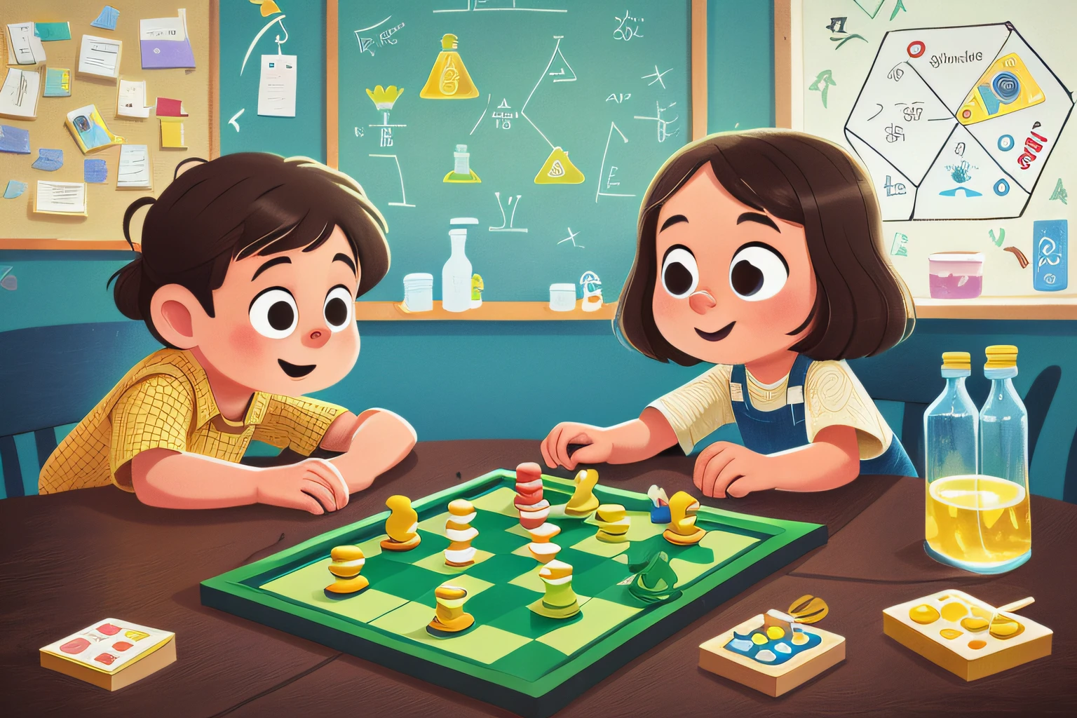 Two children are playing Go, there are as many squares on the board as possible, the pieces are in the shape of a cylinder, with the symbol of chemical elements, a sense of chemical experimentation, rendered in high-quality 8K detail, super realistic effect