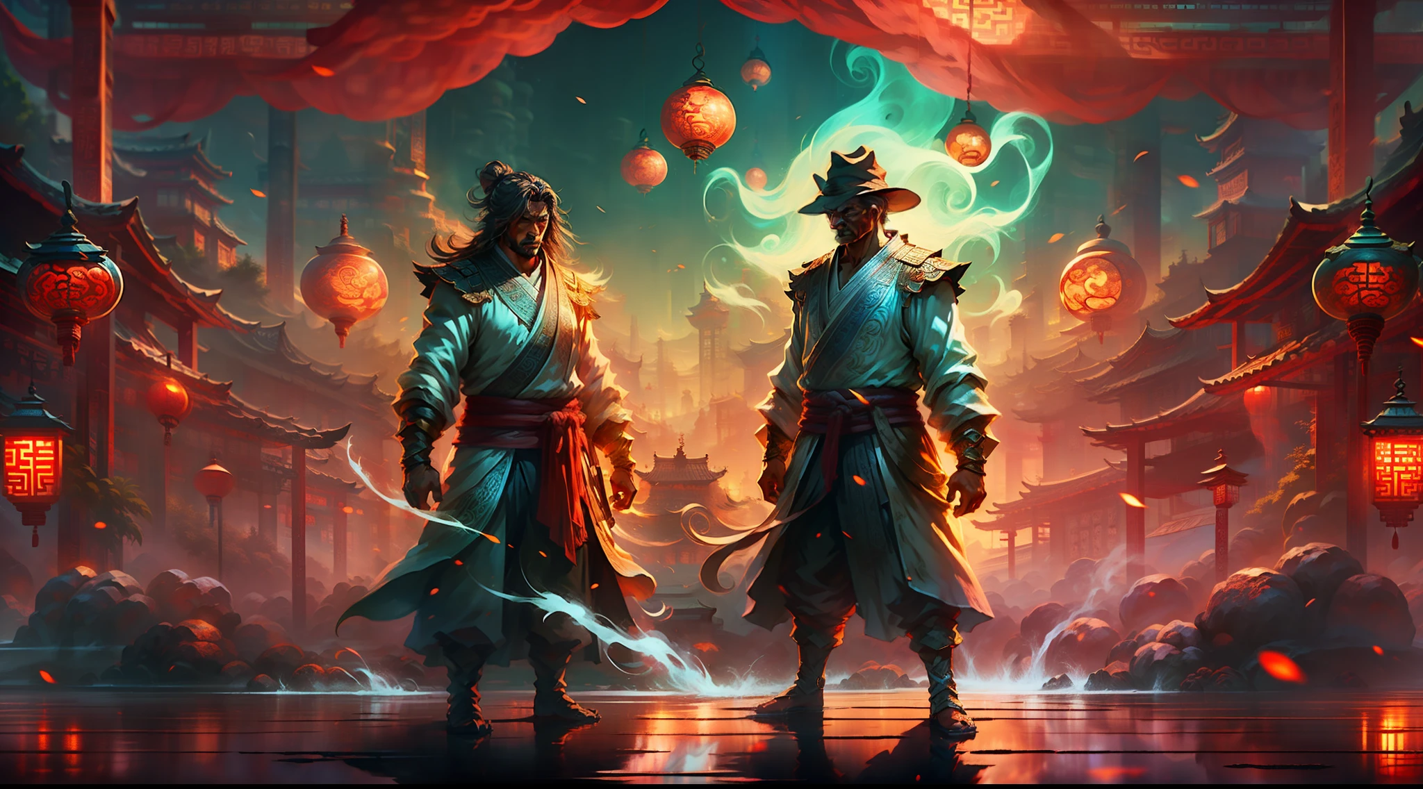 The characters are an old farmer and his adult son, The setting should depict a farm in ancient China, imagem com contraste forte, montanhas ao fundo, mists to give an air of mystery and wisdom, paisagem muito linda