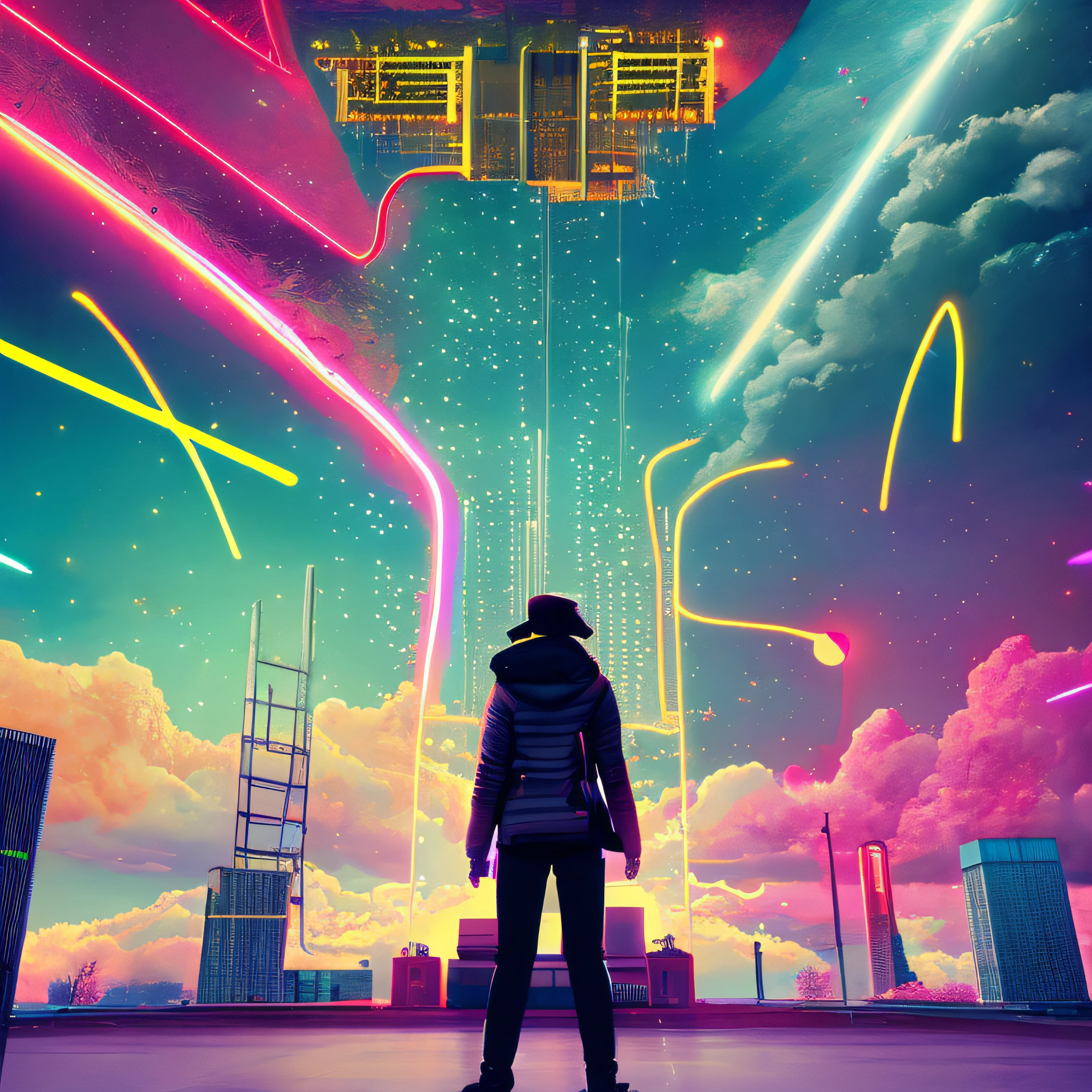Heaven, if it's cyberpunk, volume, neon, clouds, bright lights, angelic, beautiful landscapes