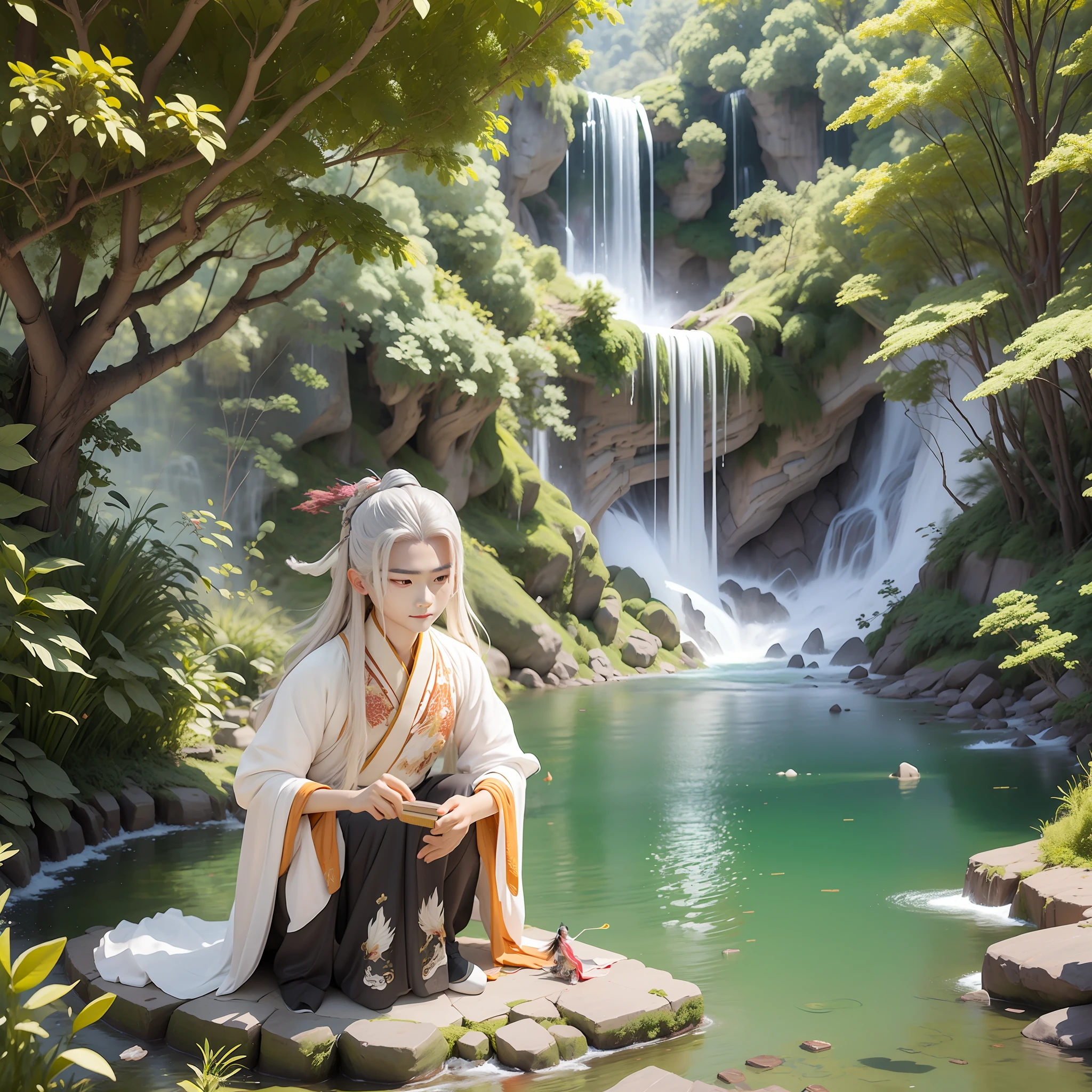 1boy，10 year old boy，Tang dynasty poet Li Bai，long-haired，White clothes fluttering，Hanfu