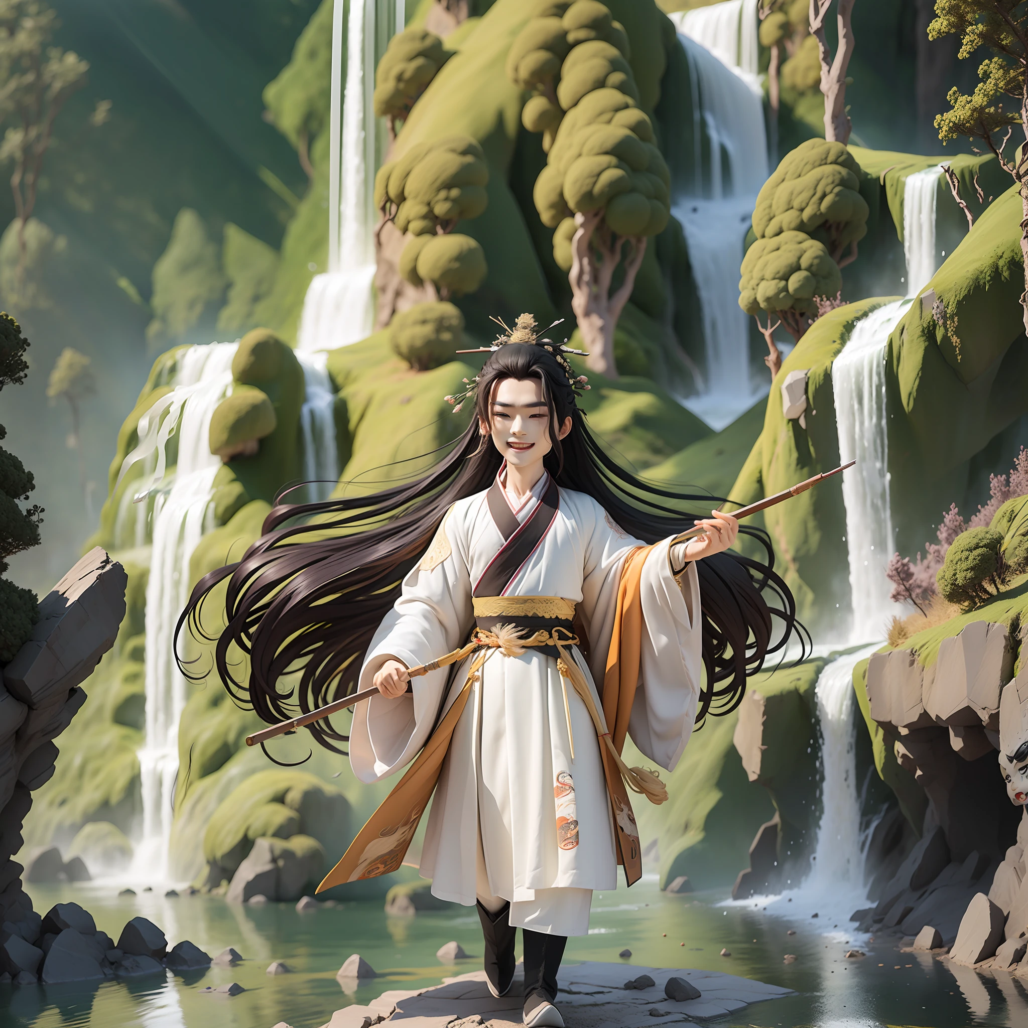 (Masterpiece),(Need),(Super meticulous),(all body:1.2),(1男孩, 6-year-old Tang dynasty poet Li Bai,Scroll in hand,with long black hair,white hanfu,Long coats fluttering,Laugh,Stand beneath cliffs and waterfalls,Chibi T-Shi,Full body,