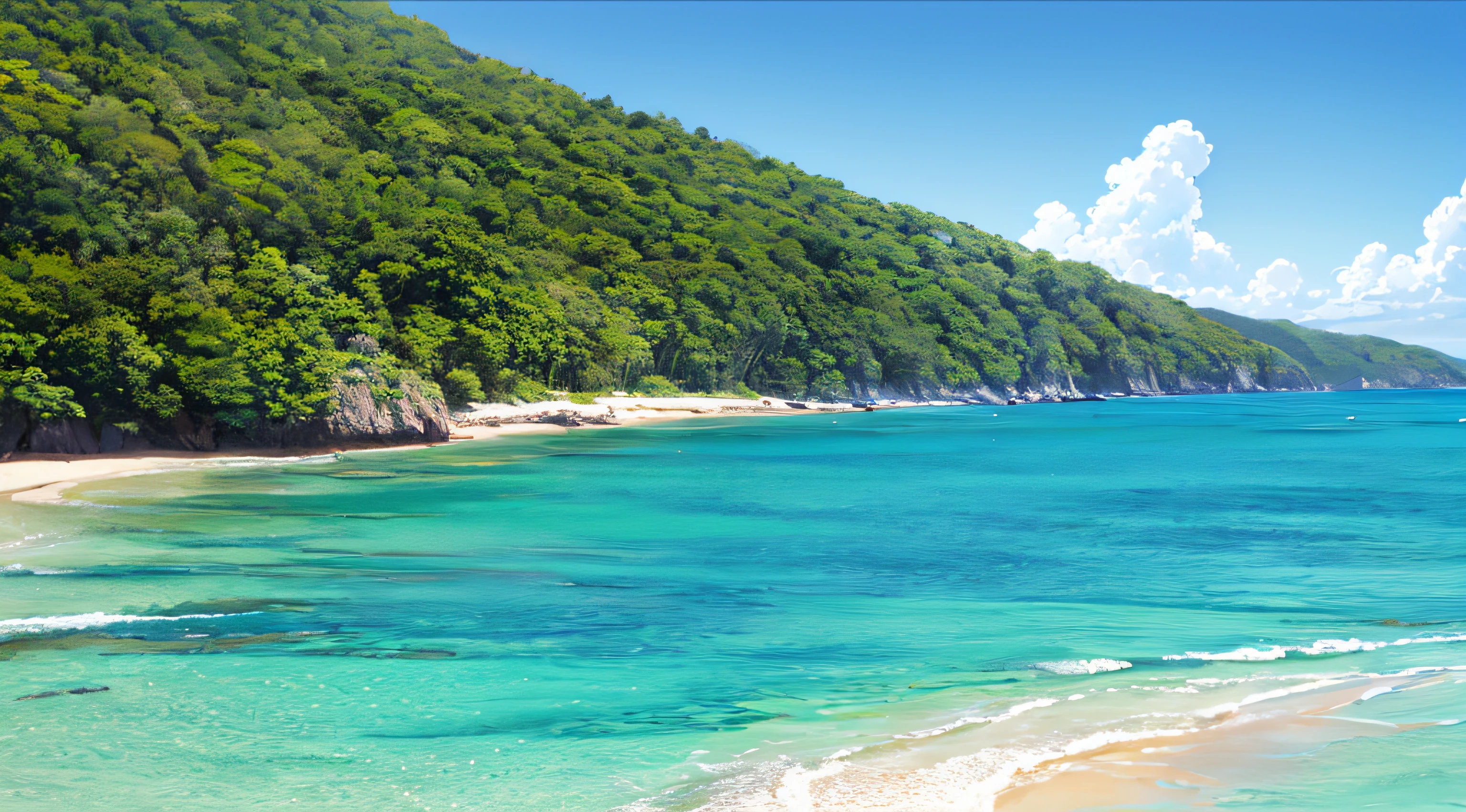 calm sea, crystal clear sea, white sand, resort, (day: 1.2), (natural lighting)), clear focus, (long shot: 1.1), watercolor
