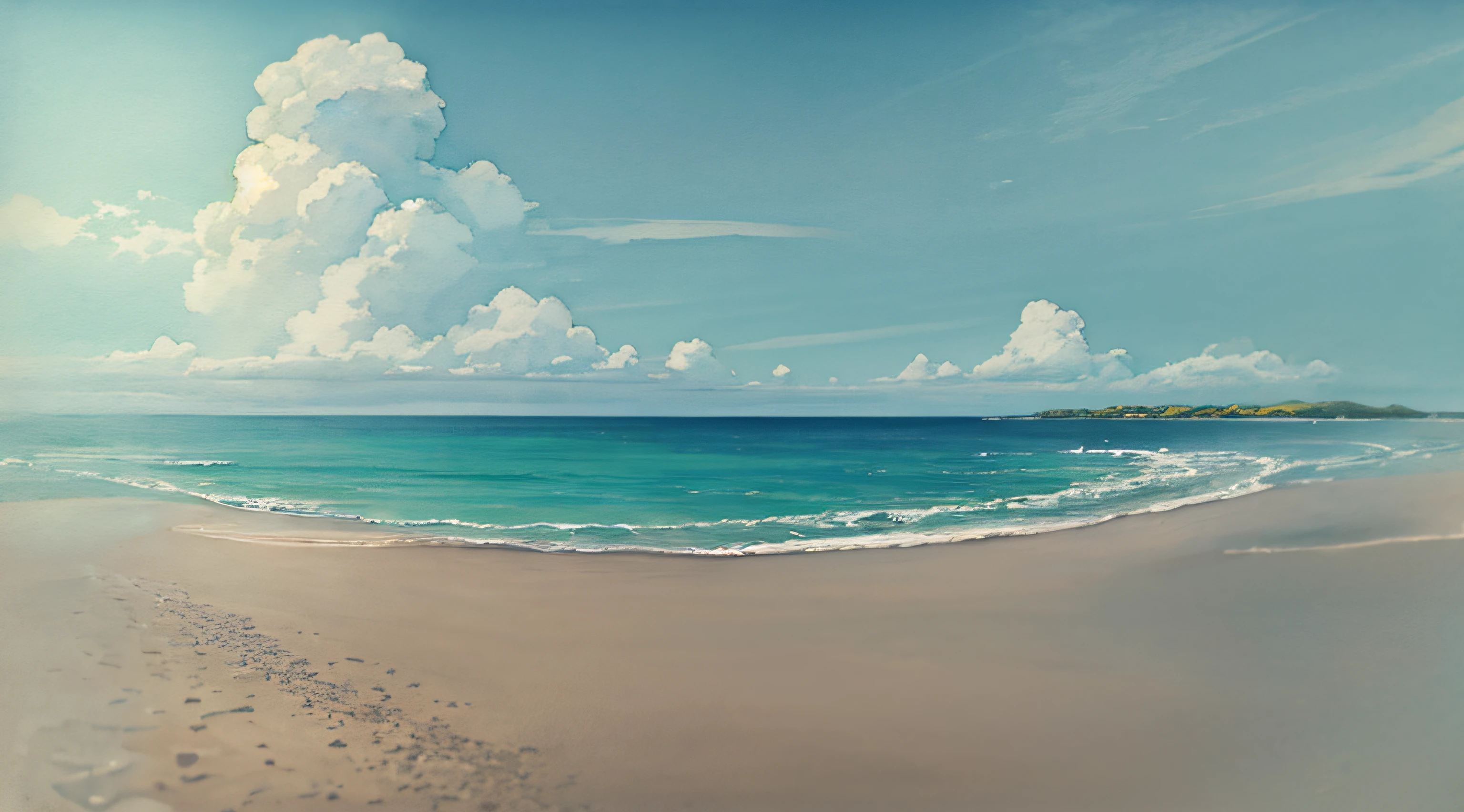 calm sea, crystal clear sea, white sand, resort, (day: 1.2), (natural lighting)), clear focus, (long shot: 1.1), watercolor
