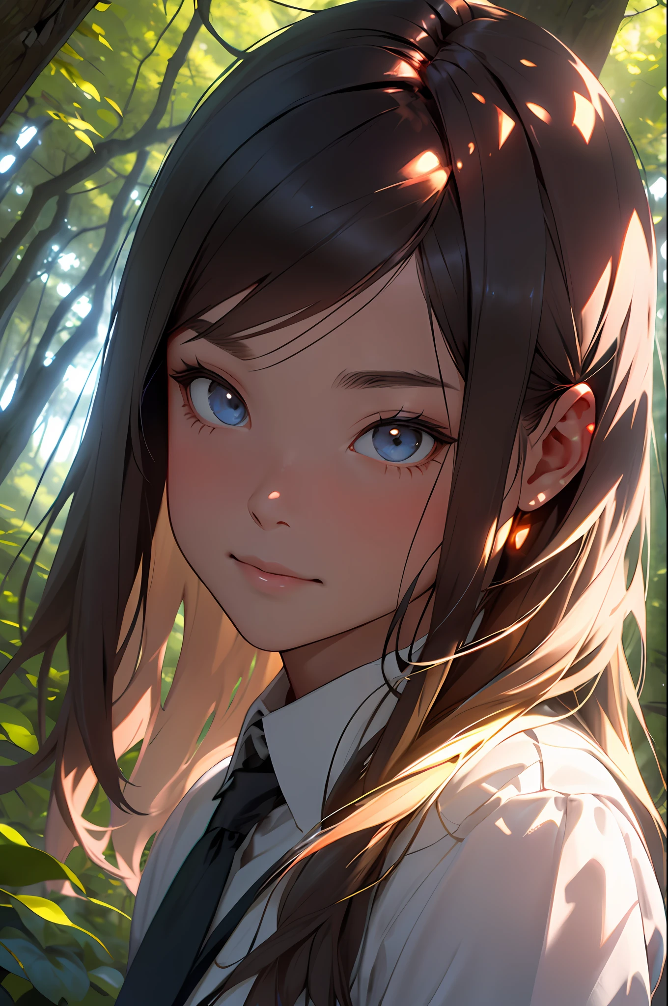 A girl in the forest with sunlight on her face