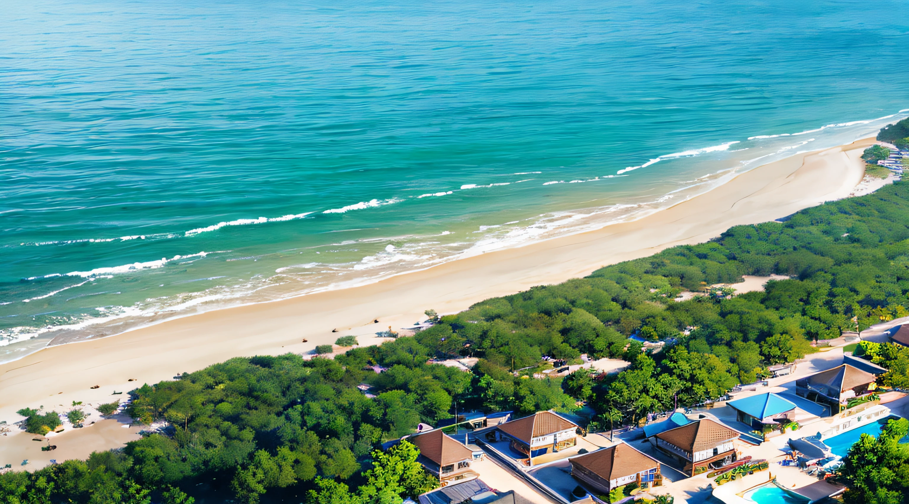 natural calm sea, transparent sea, white sandy beach, resort, aerial view, (day: 1.2), ((natural lighting)), clear focus, (long shot: 1.1), watercolor, painting, (summer: 1.2)