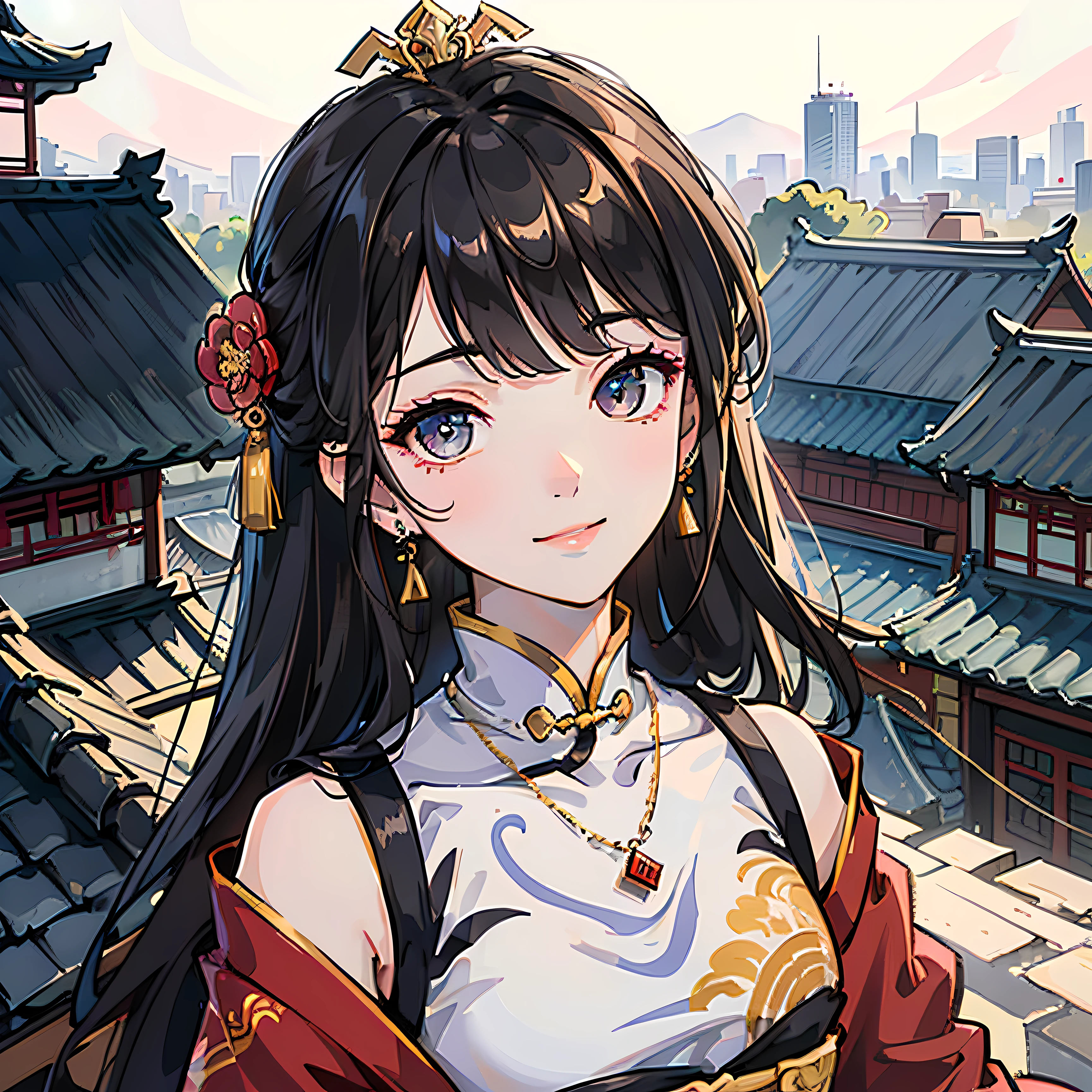 1girl,best quality, masterpiece, highres, 1girl,china dress,((Beautiful face)),hair ornament, solo,looking at viewer,smile,closed mouth,lipschina dress,dress,hair ornament, necklace, jewelry, long hair, earrings, chinese clothes,architecture,east asian architecture,building,outdoors,rooftop,city,(cityscape),(delicate),hairpin --auto