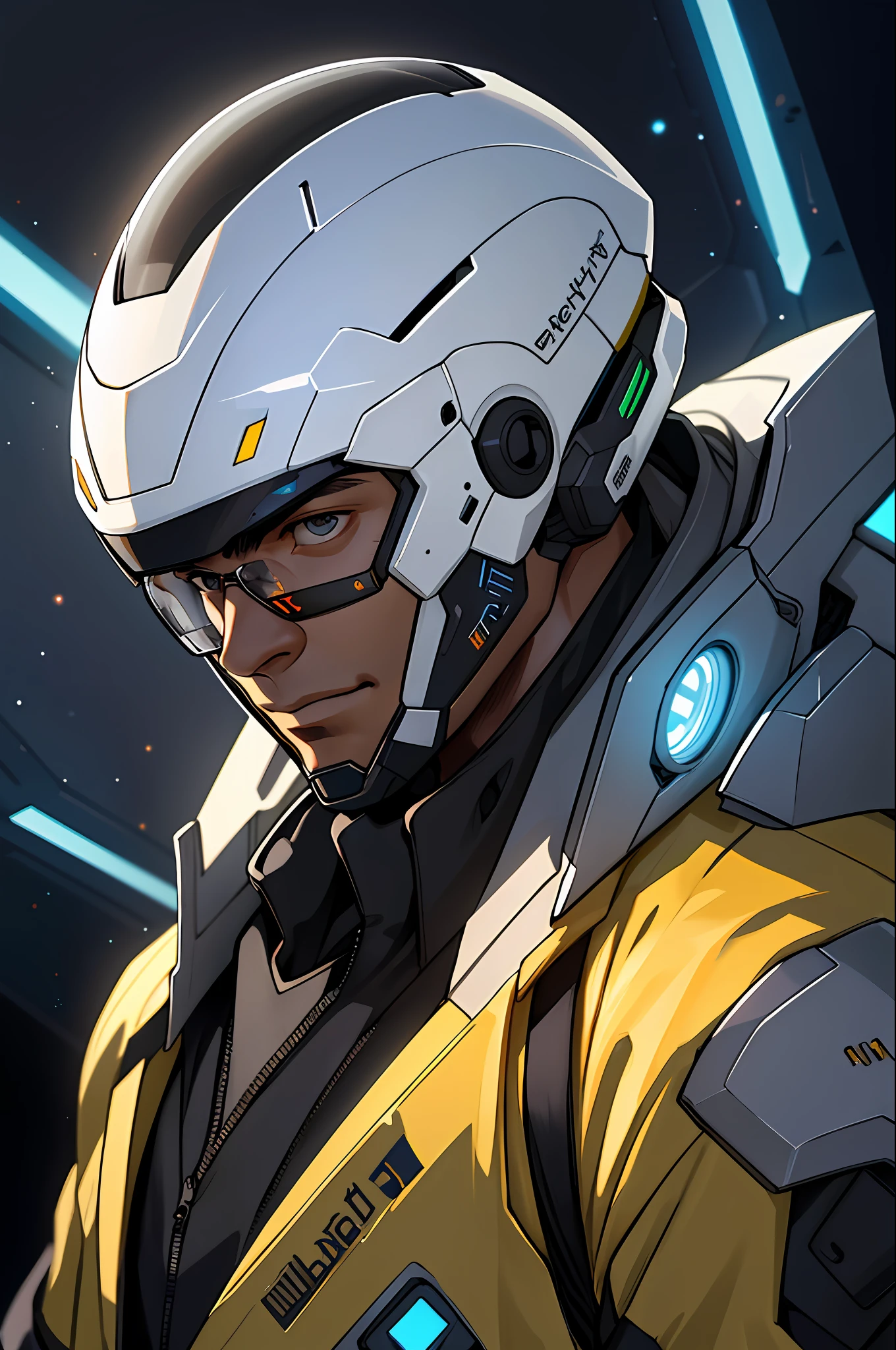 masterpiece, best quality, realistic, ultra detailed, sfw, head shot, portrait of a young man, stellar sector, science fiction style costumes, high-tech gadgets, head facing right,blackman