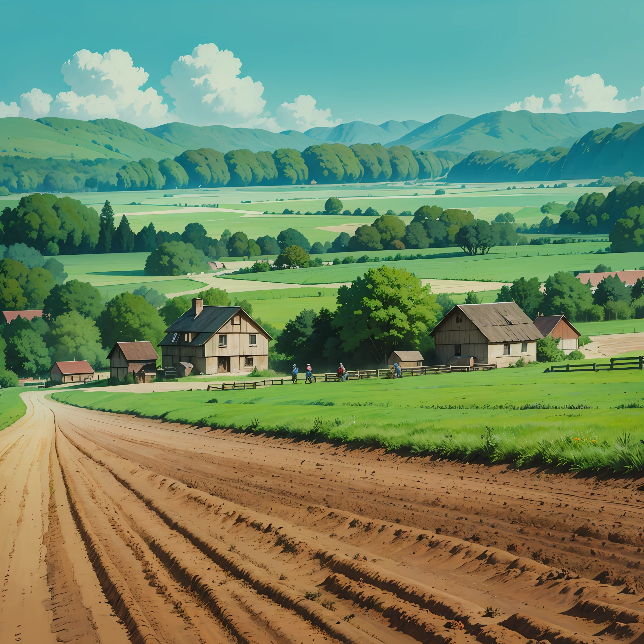 Villagers are ploughing the land and children are playing --auto --s2
