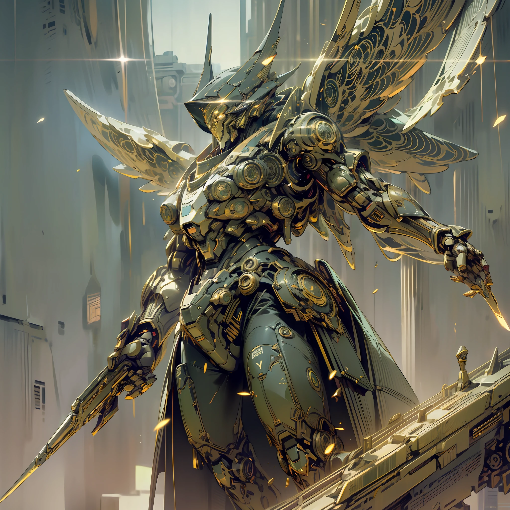 1. Cyberpunk style
2. The boy looked up at the red and white humanoid mech
3. The background is desert
4. Mechs are equipped with wings and swords --auto