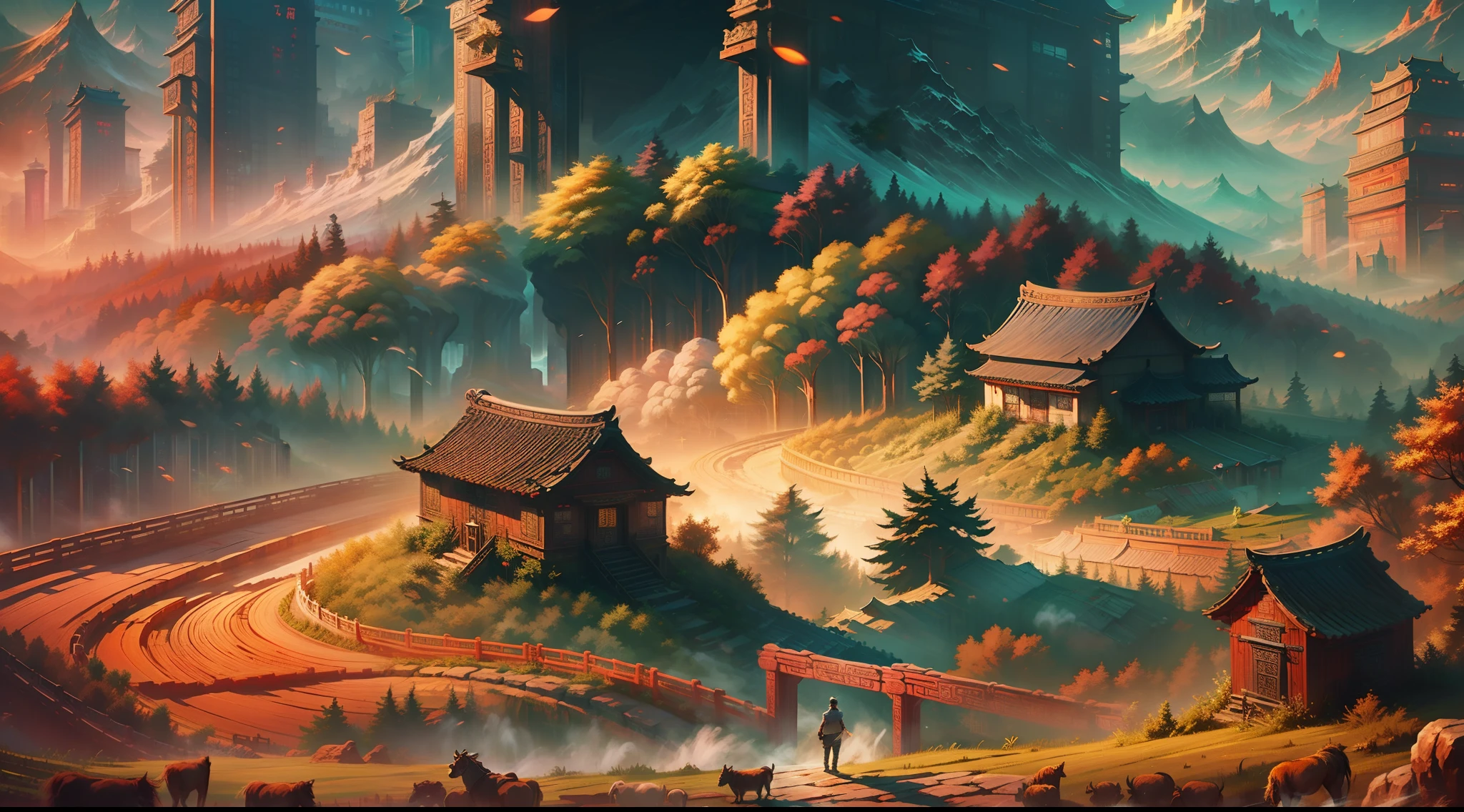 The characters are a farmer and his adult son, The setting should depict a farm in ancient China, imagem com contraste forte, montanhas ao fundo, mists to give an air of mystery and wisdom, paisagem muito linda