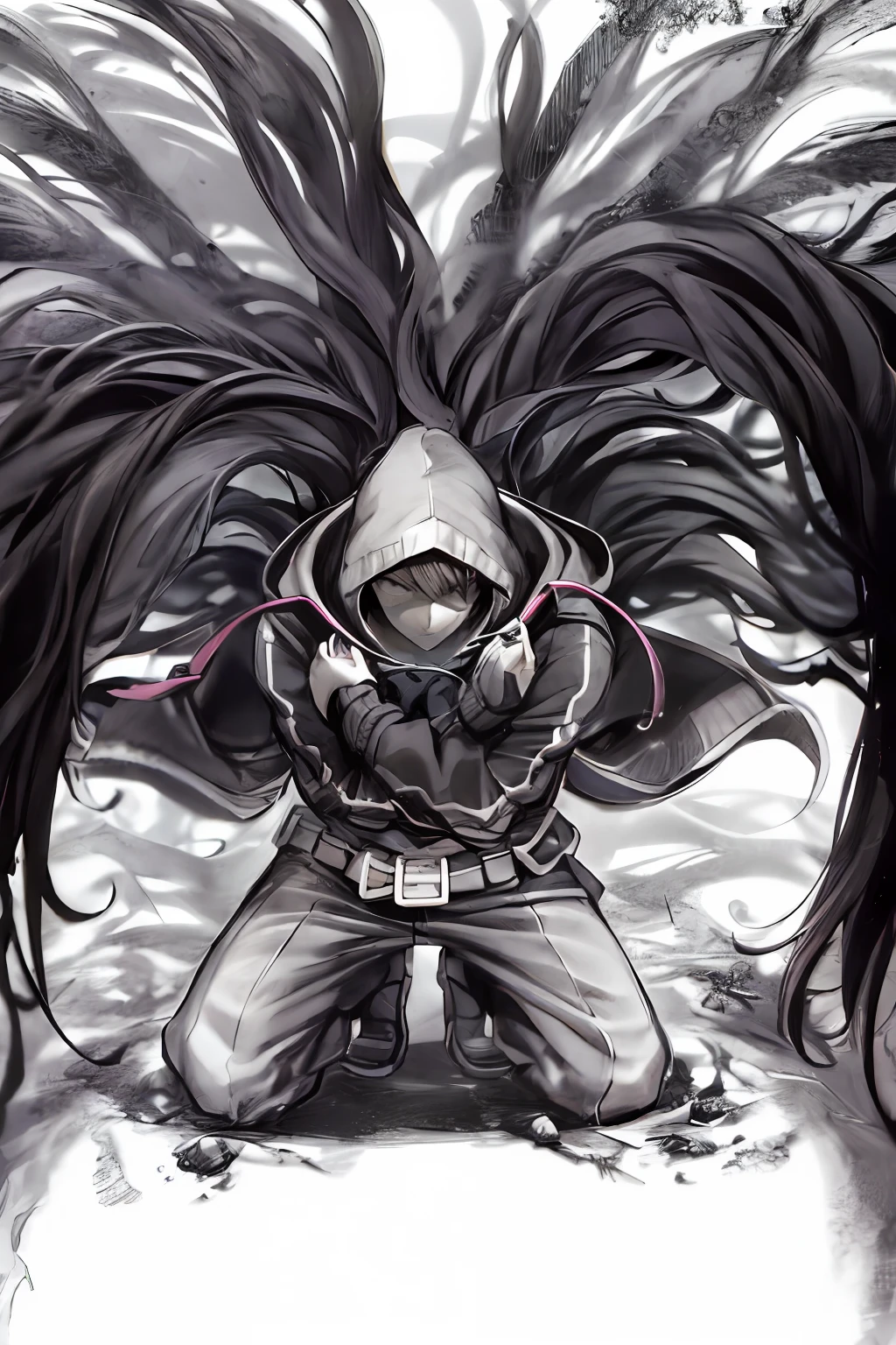 a drawing of a person with long hair and a hoodie, inspired by Sugimura Jihei, inspired by Ib Eisner, inspired by Kawabata Ryūshi, advanced digital anime art ”, epic anime style, dark high-contrast concept art, death note style, black and white manga style, digital art from danganronpa, advanced anime digital art