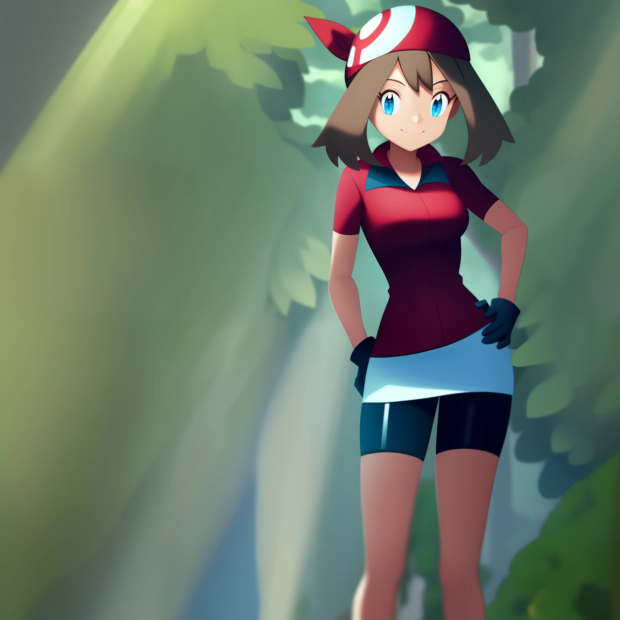 forest, light rays, 1girl, character_pokemon_may, solo, cowboy shot, standing, looking at viewer, smile, closed mouth, hand on hip, hand on own thigh, bandana, shirt, white skirt, bike shorts, gloves, pack,