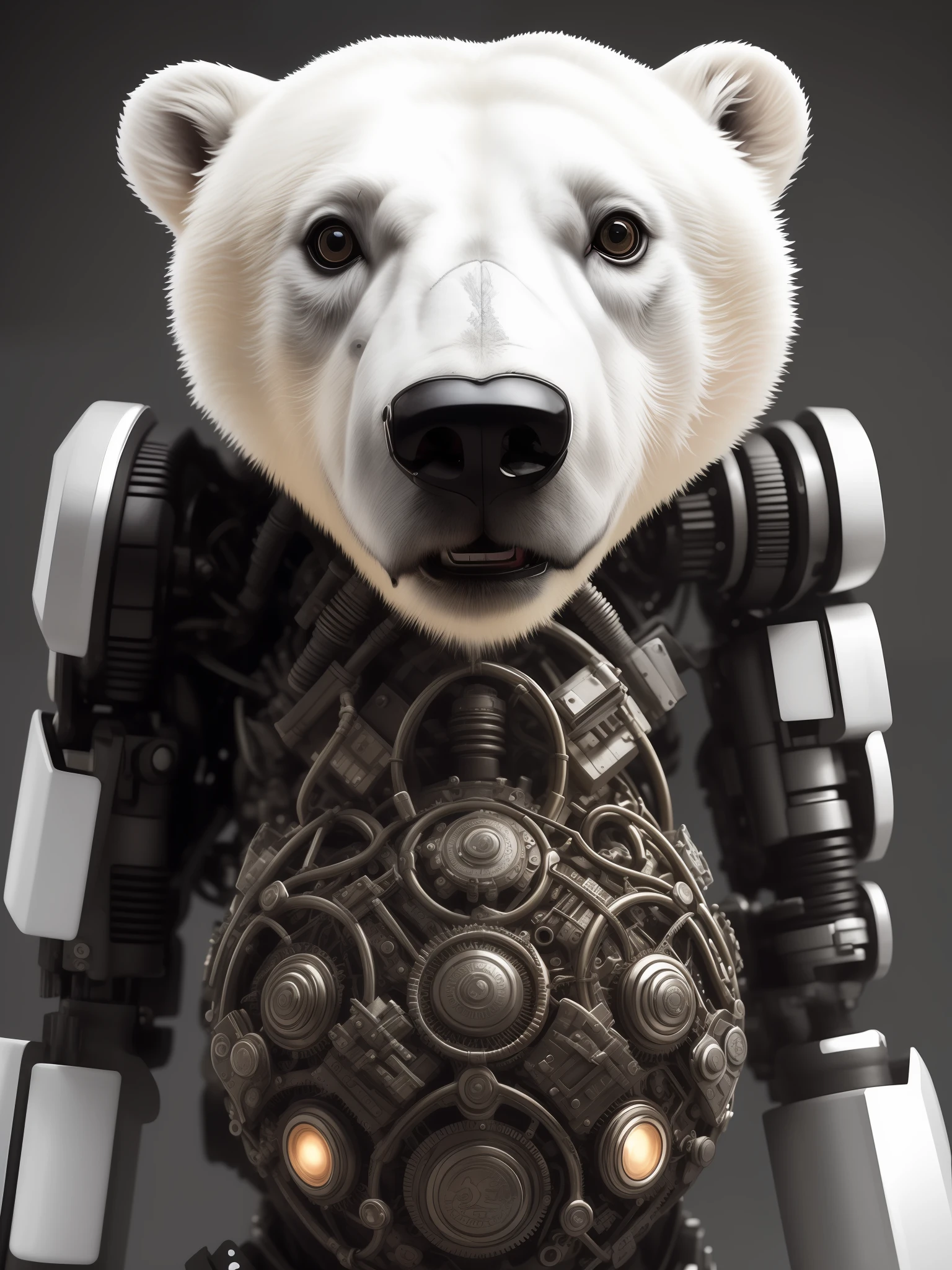 cute polar bear cub, head of the living, The torso is made of metal, (cyborg:1.1), ([tail | Detailed wire]:1.3), (intricate details), hdr, (intricate details, hyper detail:1.2), Cinematic Frame, vignette, in the center, “Hyper-realistic textures,” “Precise details,” “Realistic still life,” “Realistic portraits,” “Realistic landscapes.”