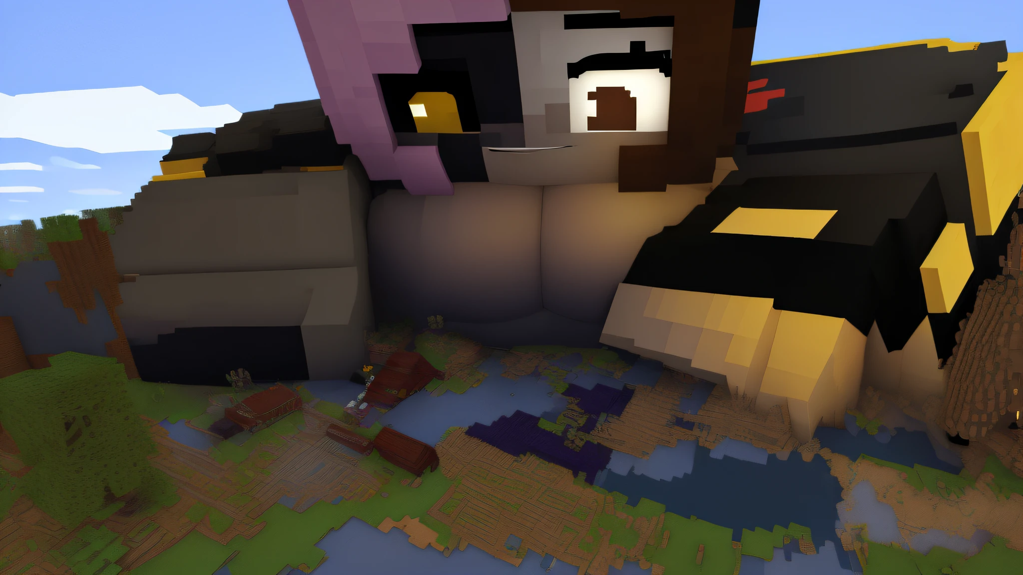Very small building, screenshot of Minecraft, detailed photo of the virtual world, close-up shot from above, Gigachad in Minecraft, looming over the city, peeking into the baby, profile picture 1024px, town in the background, in Minecraft, in front of a fantasy city, minecraft build, minecraft screenshot, huge giantess, giga giantess, huge boobs, bursting breasts, buff, big muscles, thick arms, big biceps, big deltoids, big trapezius, abs, obliques, midriff, thick thighs, muscular/strong legs/thighs, muscular/strong calves, showing abs, masterpiece, high quality minecraft 3d rendering, high quality minecraft screenshots