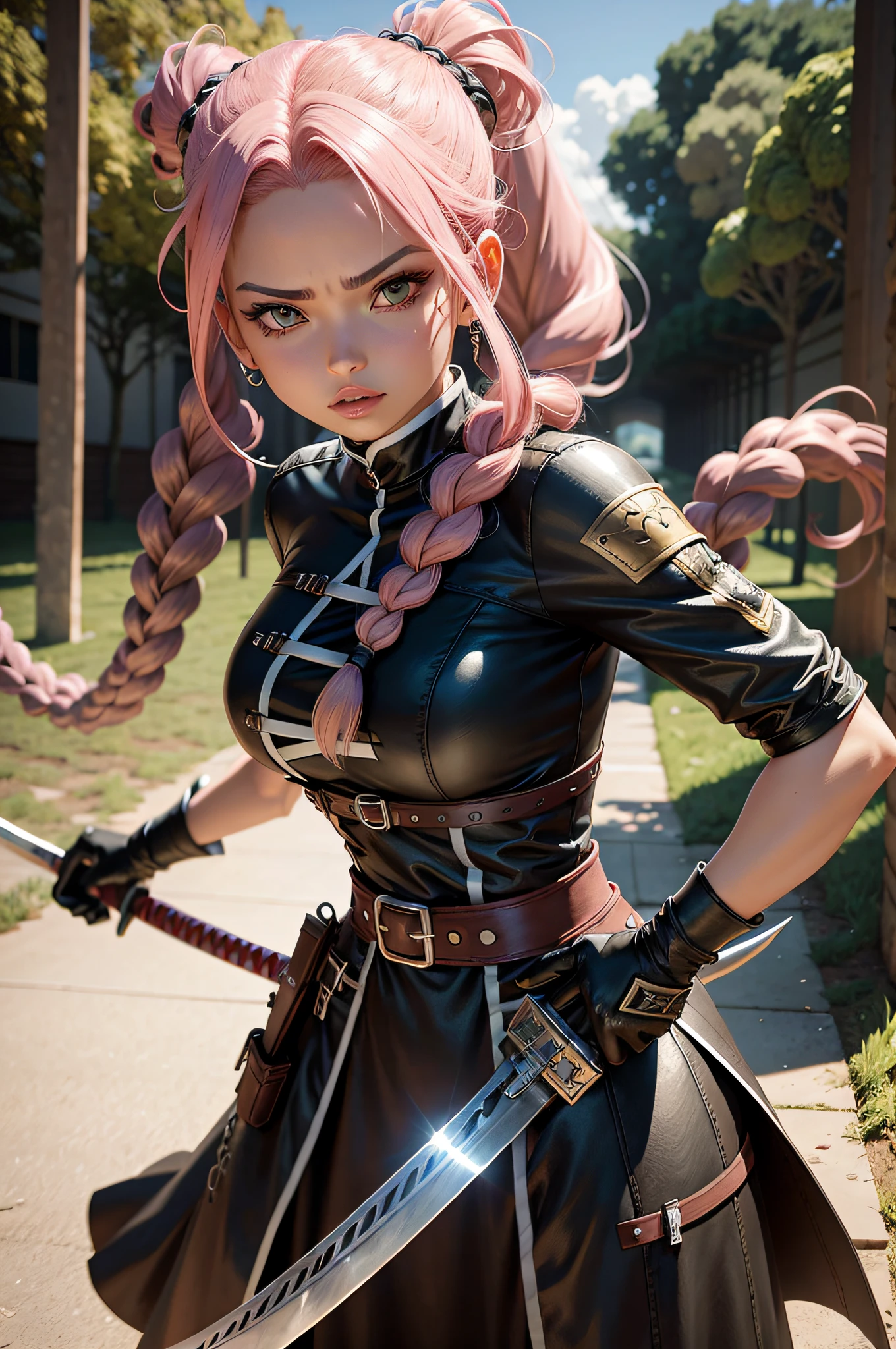 haja's uma mulher com cabelo rosa comprido e uma saia curta de cor preta segurando uma espada, hair divided into 2 braids, badass anime 8 k, she is holding a katana sword, 3 d anime realista, photorealistic anime girl render, Estilo de anime 3D realista, arte cg anime suave, menina em forma, she is ready to fight, anime hiper realista, advanced digital anime art, menina anime sedutora, digital advanced anime art,