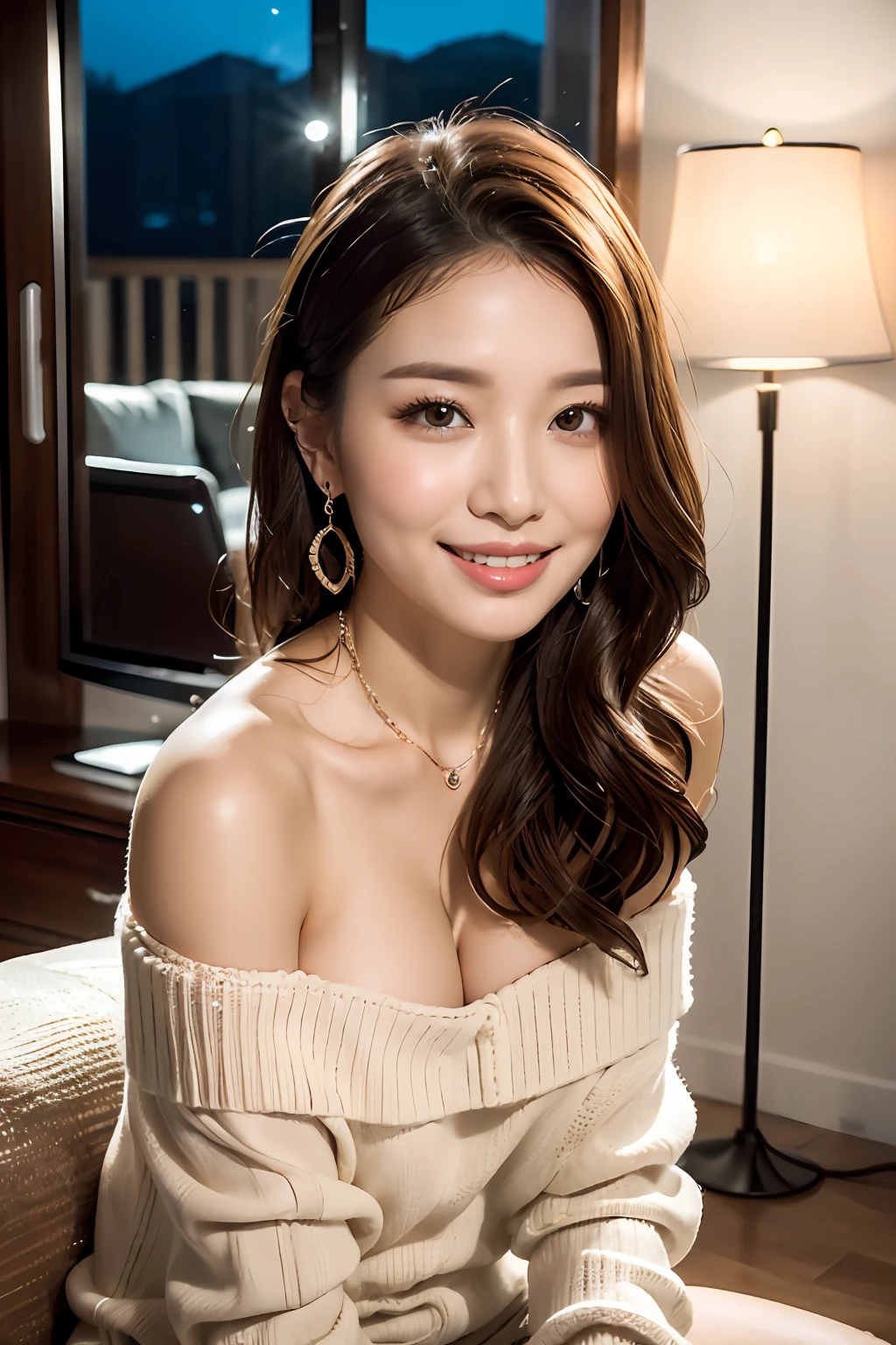 ((Innocent and cute girl: 1.3)), ((Focus on face: 1.2)), (white off-shoulder knit one-piece:1.3), (Seductive smile: 1.2), (Layered hairstyle, brown hair, medium long hair), large breasts, BREAK, (Upper body shot: 1.3), (Sitting with hand between legs:1.4), looking back at viewer, from behind, ((in the living-room of my home at night: 1.2)), BREAK, (Masterpiece: 1.3), (Maximum resolution: 1.2), (Ultra HDTV: 1.2), Cinema Light, Ultra HDTV, (Detailed eyes and skin:1.2), (Detailed facial features), HDR, 8k resolution, Sharp focus: 1.2, Perfect style, Beautiful face, Highly detailed face and skin texture, Detailed eyes, Brown eyes, Double eyelids, Thin eyebrows, Glitter Eyeliner, Natural cheeks, Shiny skin, fair skin: 1.2, earrings, without a shiny small necklace, (Glossy lips: 1.4),