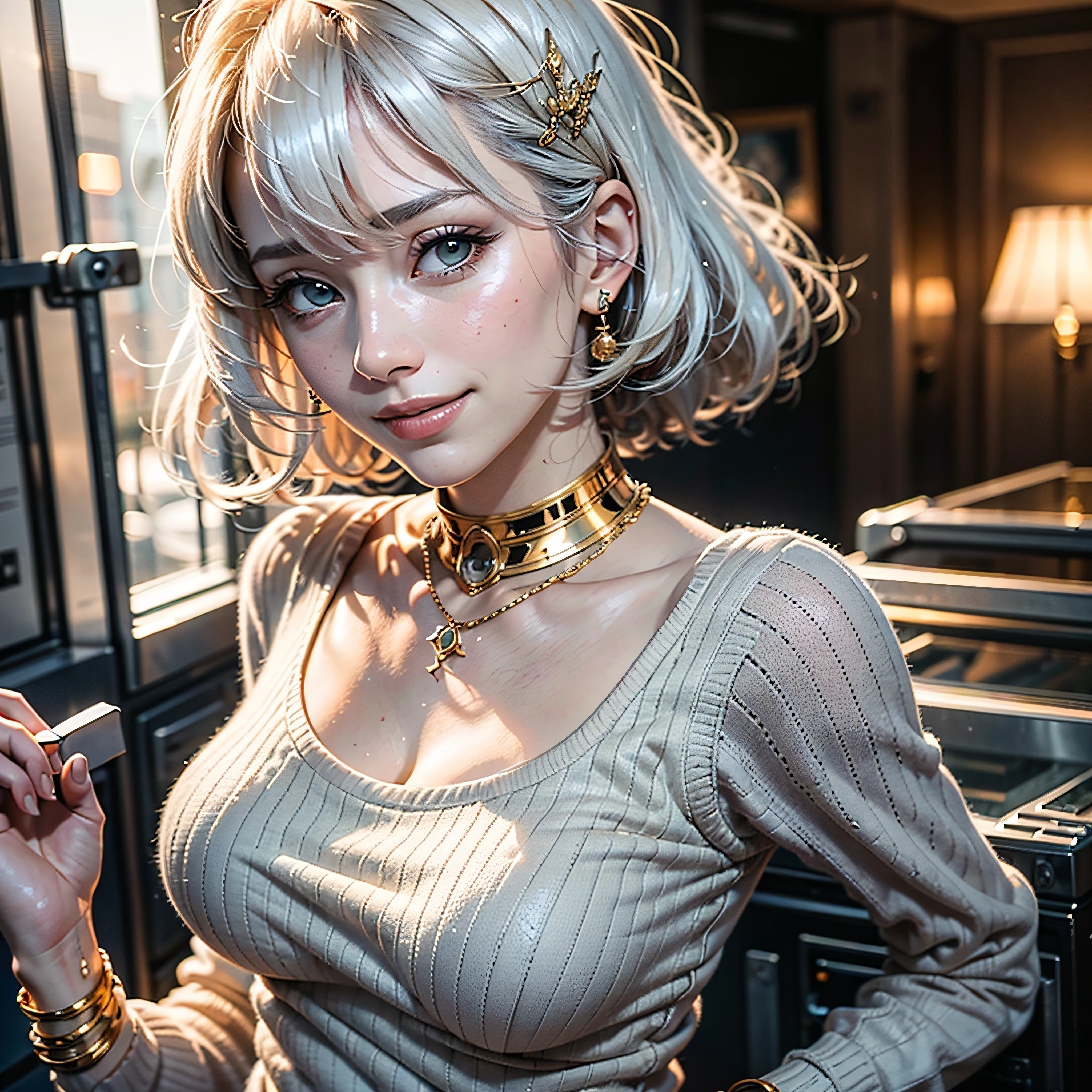 all body、white-haired、(Dragoon: 1.2)、Brantovan、A Masterpiece、maximum quality、offical arts、Highly elaborate CG Unity 8K wallpapers、For girls、hyper high resolution、(photo-realistic:1.4)、Golden Hour Lighting、Sweater Dresses、(upper half body)、(Platinum Shorthair:0.8)、(Puffy eyes)、looking a viewer、Front-facing、a smiling look、medium tits、Gentle smile、shirt lift、Luxurious interior