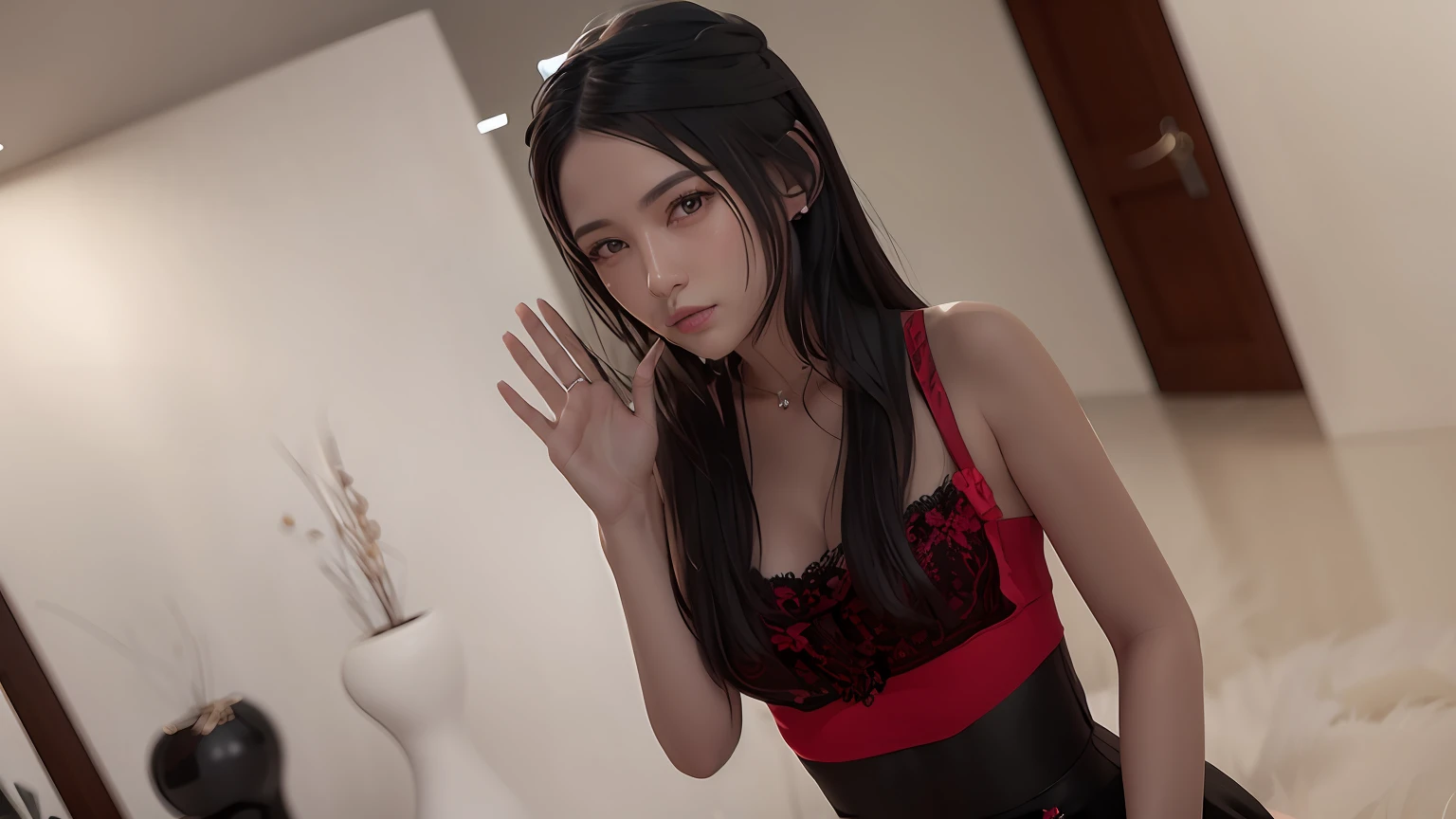 there is a 3d woman in a red and black dress, iray, semi - realistic render, realistic soft lighting, [ Fotorrealismo 4K ]!!!, cinematic soft lighting, fotorrealista 35mm, [ Fotorrealismo 4K ]!!, imagem fotorrealista, DAZ3D, DAZ 3D, DAZ 3D, highly detailed soft lighting --auto