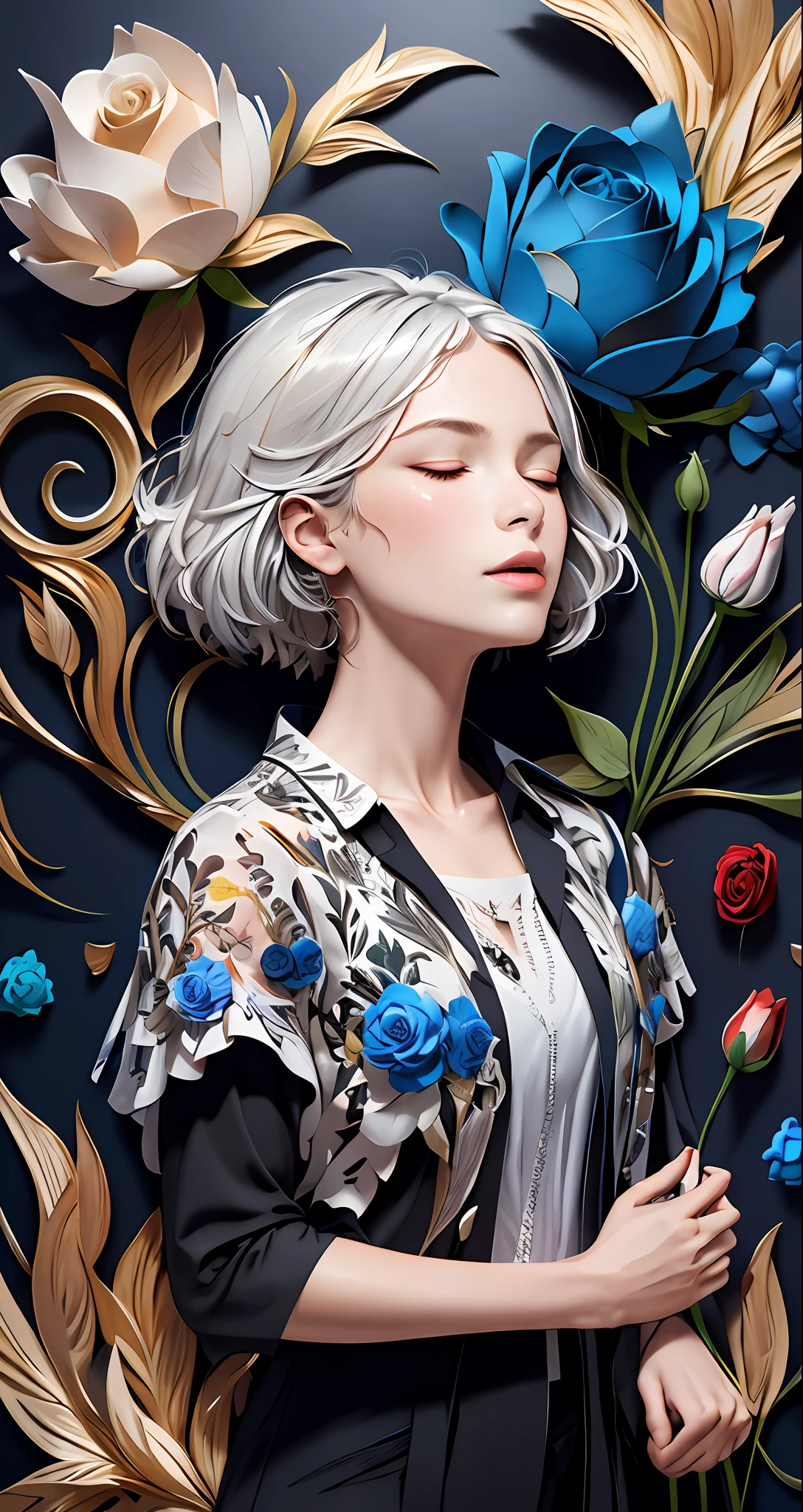 realistic, (best quality, masterpiece:1.3),book cover design,english text,
1girl,solo, silver hair, bright pupils, hair slicked back, long hair, black shirt, expressionless, closed eyes,
abstract background, flower, blue rose, fantasy,
paperCut