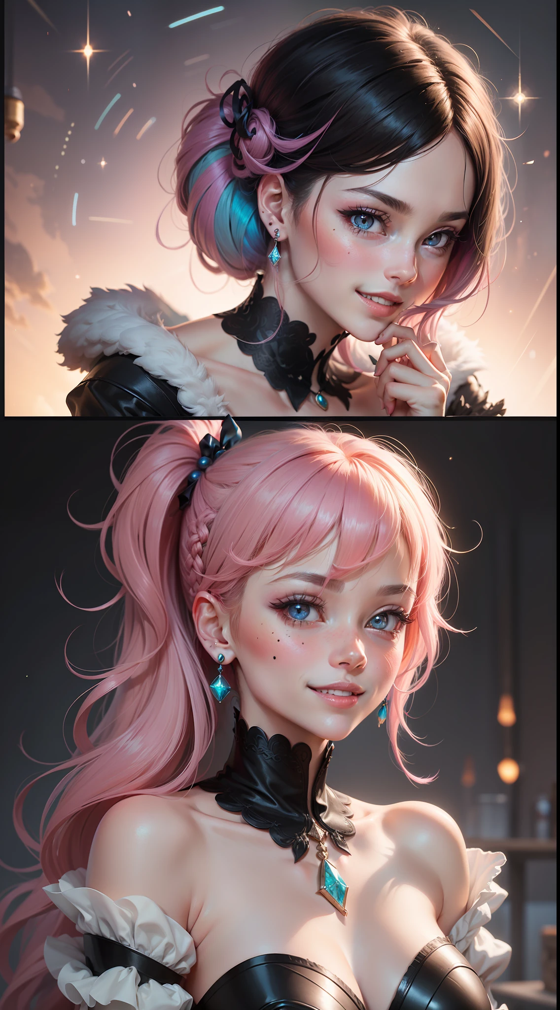 black hair, hair bobbles, wince, longeyelashes, solid circle eyes, light smile, ear blush, fang, colored inner hair, pink hair, french braid, mole under eye, grin, blush, bright pupils, colored inner hair, braided ponytail, hair ribbon, jewelry, mole under eye, star-shaped pupils, pupils sparkling, earrings, grin, ear blush, happy, light blush, Surrealism, drop shadow, anaglyph, stereogram, tachi-e, pov, atmospheric perspective, Pixar, Art Nouveau, Luminism, Romanticism, Conceptual art, reference sheet, lineup, negative space, social media composition, polar opposites, sparkle, glowing light, modern, Renaissance, Action painting, Conceptual art, Renaissance, Neoclassicism, modern, Romanticism, Action painting, Luminism, Classicism, anime style, Pixar, sparkle, cinematic lighting, 8k, super detail, ccurate, best quality, anatomically correct, 16k, 16k, anatomically correct, ccurate, masterpiece, best quality