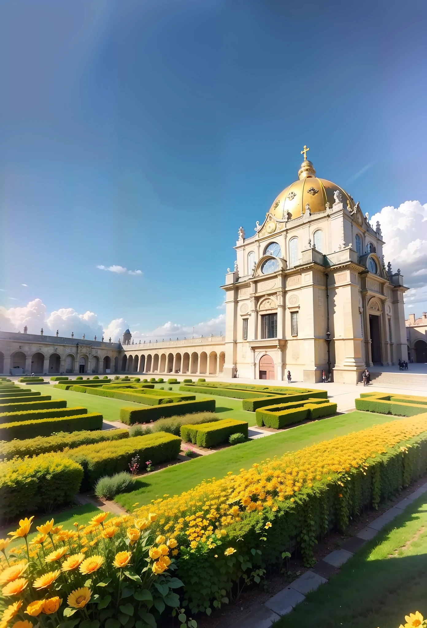 Masterpiece, Best quality, super high resolution,  OlgaAbramovich (Face focus:1.2), (Photorealistic:1.4) , Blonde , tiny waist,  Blushing, pink cheeks, stands, (photo from above), tight corset, ( black Victorian style dress, Beautiful face, Makeup:1.4), Chateau de Versailles, Pisa Baptistery Of St. John background, Flowers, ModelShoot style, neutral expression