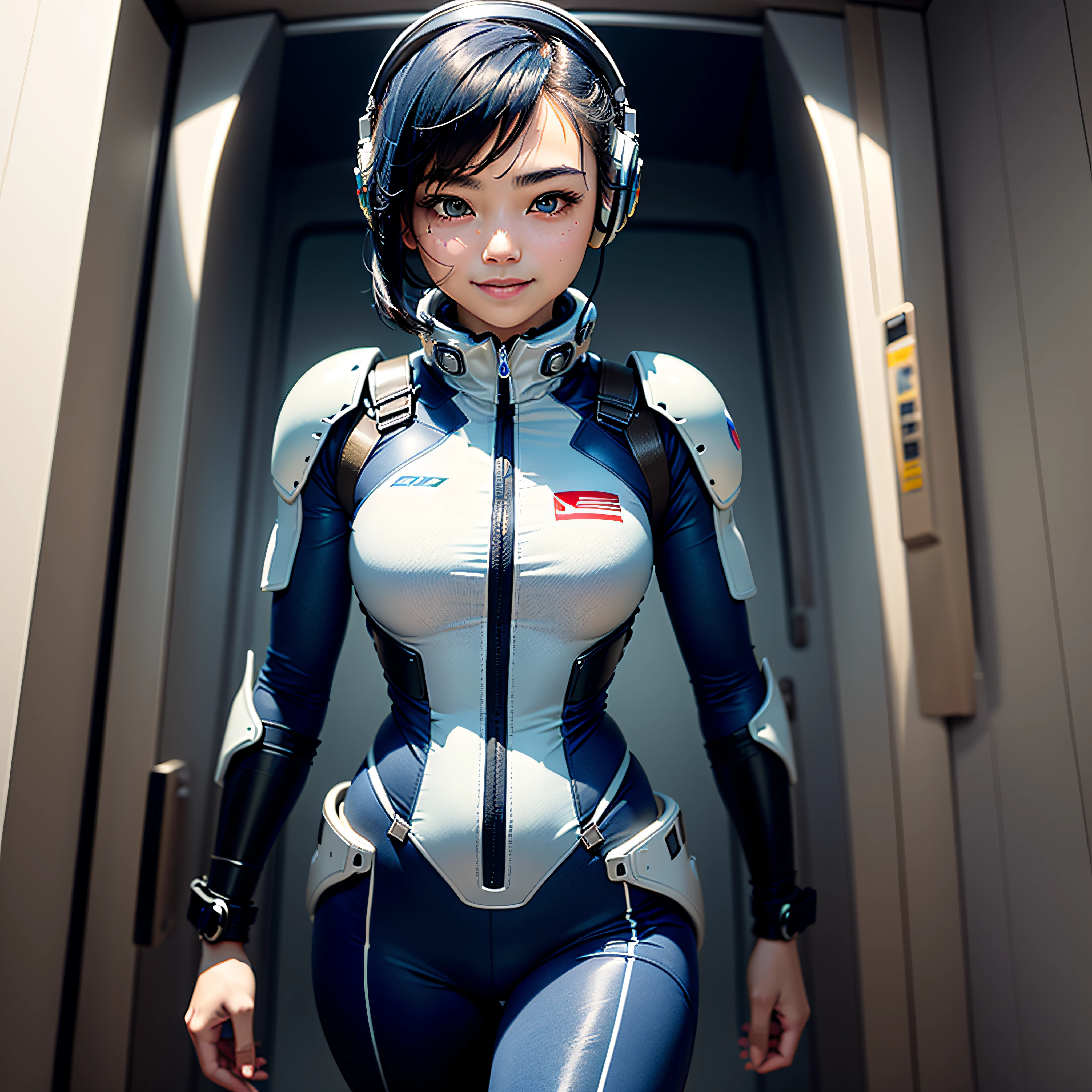 (masterpiece, highest quality, highest resolution, distinct_image, detailed detail, portrait): (Solo, lone girl, face is Japan, short cut, girl with black hair, (perfect body: 1.4), sparkly blue color eyes, pilot suit in white and blue color, tight fit clothes, clothes covering the whole body, very delicate and beautiful, detailed skin, slim body, exoskeleton, Gentle smile, heroine, headset, boots, front, facing the viewer), inside the spaceship