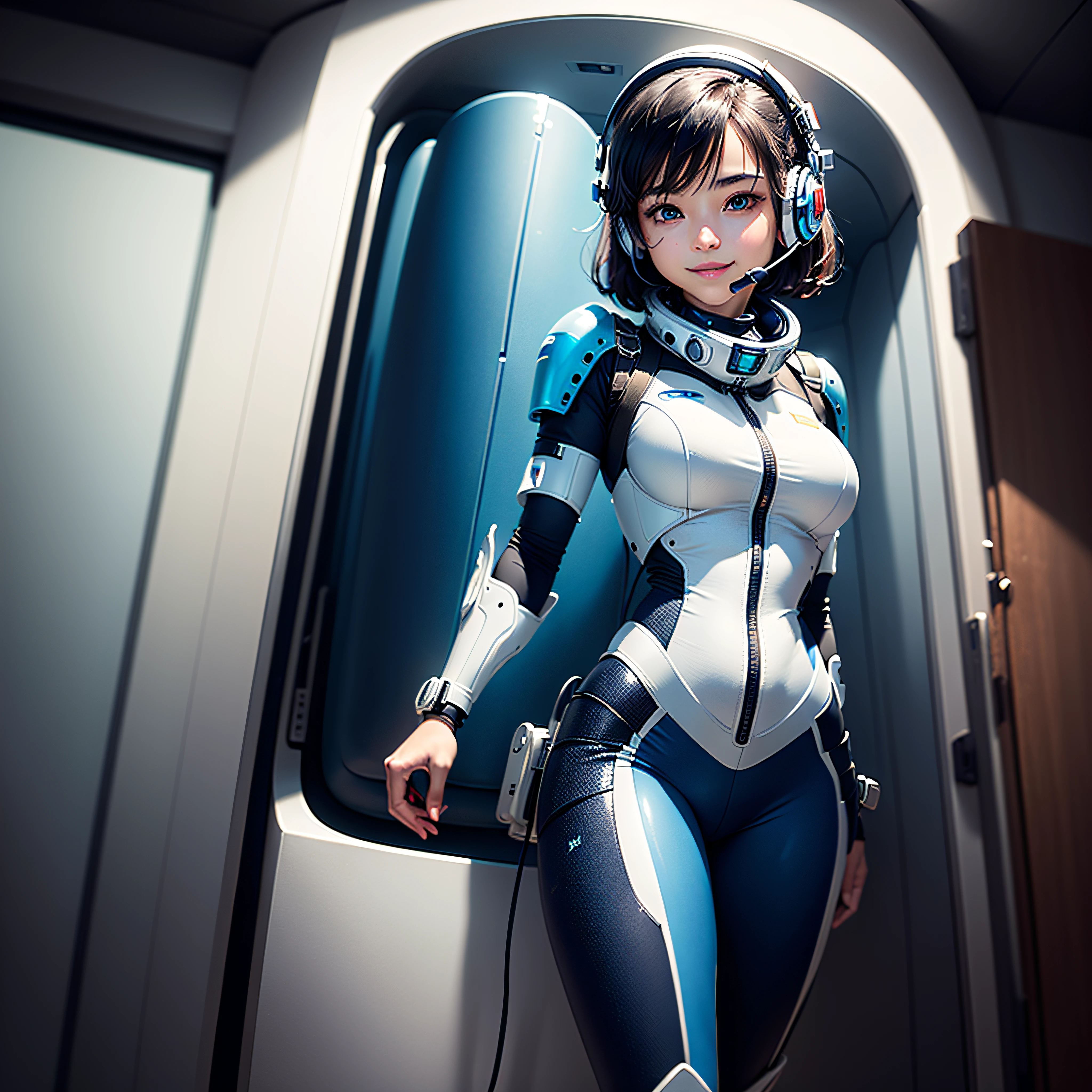 (masterpiece, highest quality, highest resolution, distinct_image, detailed detail, portrait): (Solo, lone girl, face is Japan, short cut, girl with black hair, (perfect body: 1.4), sparkly blue color eyes, pilot suit in white and blue color, tight fit clothes, clothes covering the whole body, very delicate and beautiful, detailed skin, slim body, exoskeleton, Gentle smile, heroine, headset, boots, front, facing the viewer), inside the spaceship