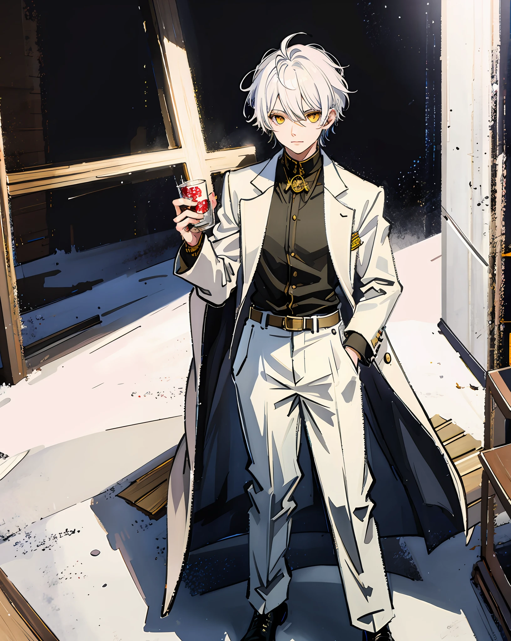 A boy, full body, sexy boy, white hair, yellow eyes, beautiful