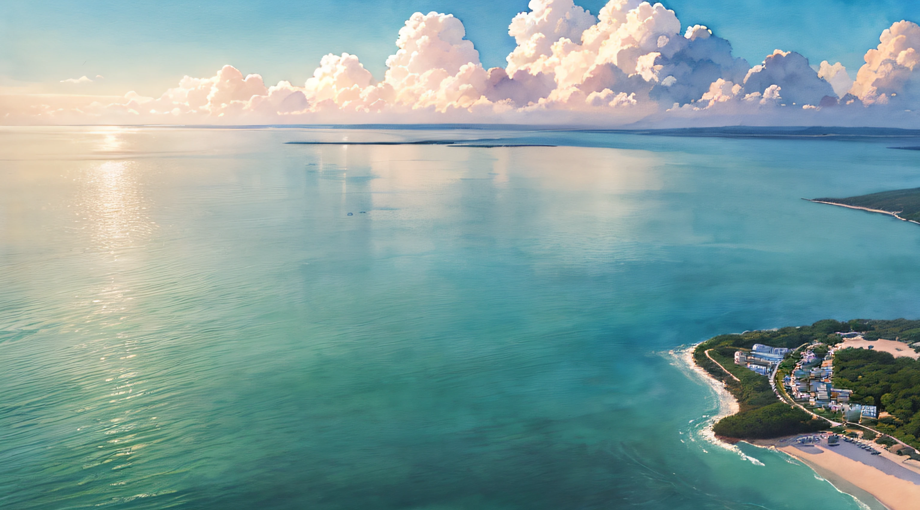 natural calm sea, transparent sea, white sandy beach, resort, aerial view, (morning: 1.2), (((natural lighting)), clear focus, (long shot: 1.1), watercolor, painting, (summer: 1.2), incoming clouds, horizon