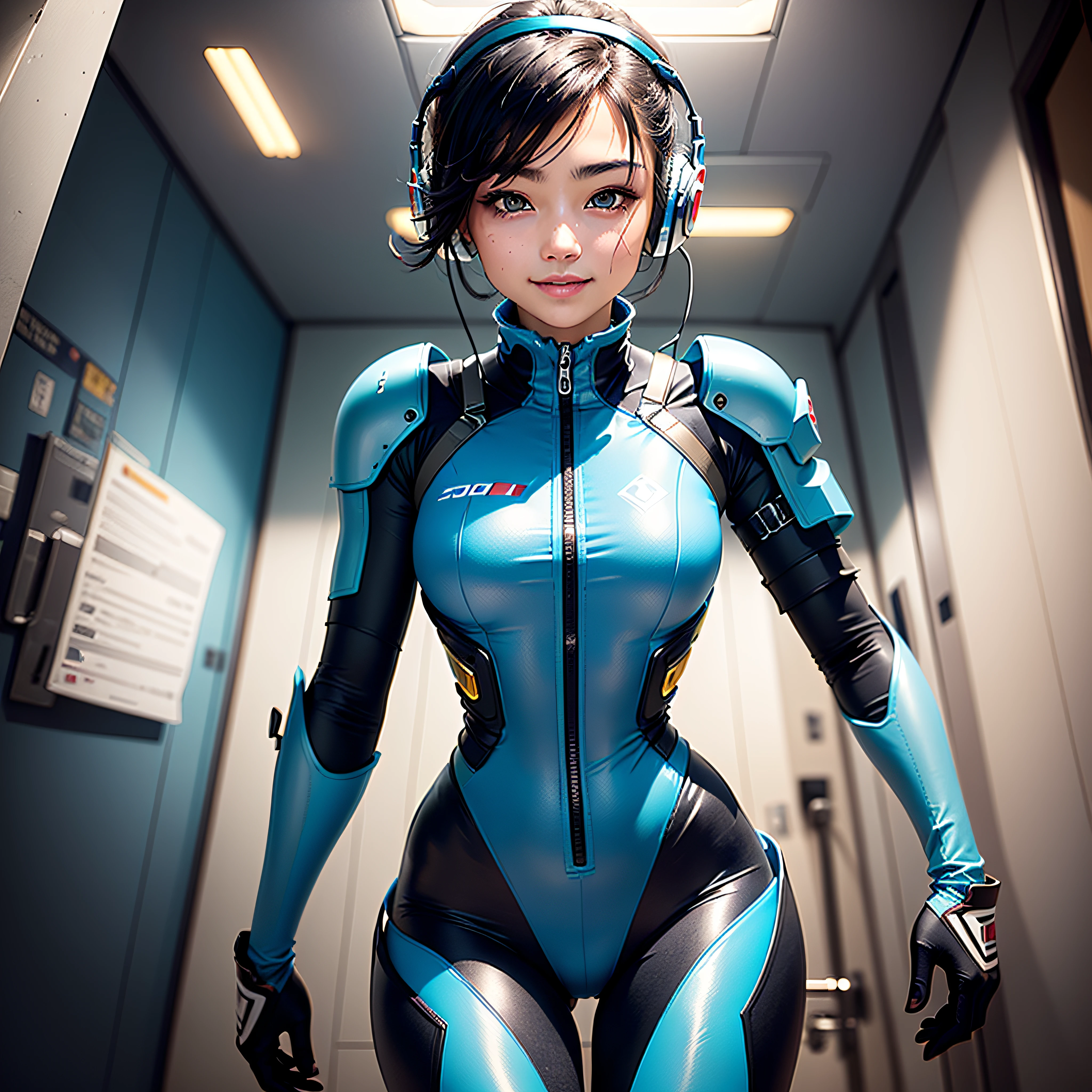 (masterpiece, highest quality, highest resolution, distinct_image, detailed detail, portrait): (Solo, lone girl, face is Japan, short cut, girl with black hair, (perfect body: 1.4), sparkly blue color eyes, pilot suit in white and blue color, tight fit clothes, clothes covering the whole body, very delicate and beautiful, detailed skin, slim body, exoskeleton, Gentle smile, heroine, headset, boots, front, facing the viewer), inside the spaceship
