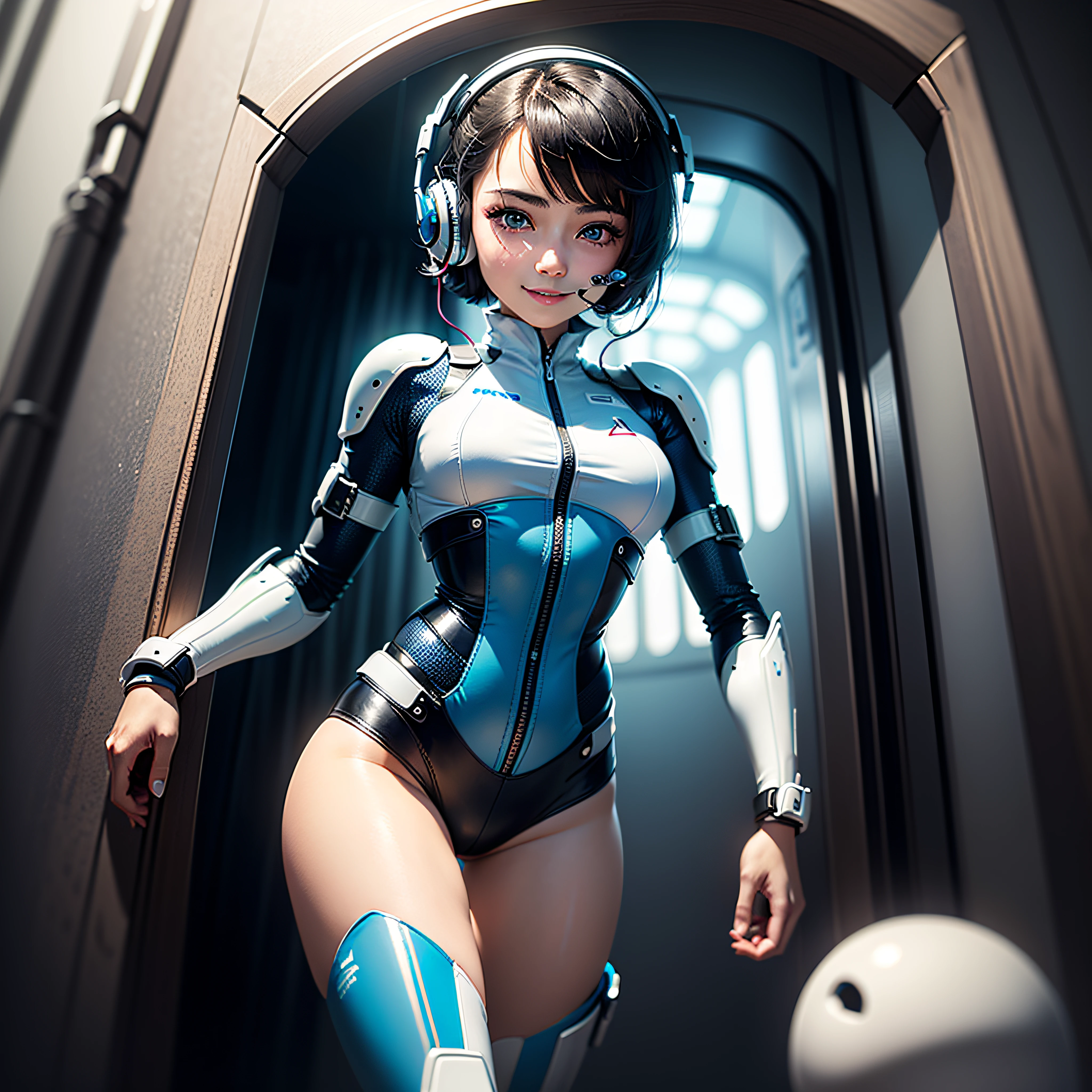 (masterpiece, highest quality, highest resolution, distinct_image, detailed detail, portrait): (Solo, lone girl, face is Japan, short cut, girl with black hair, (perfect body: 1.4), sparkly blue color eyes, pilot suit in white and blue color, tight fit clothes, clothes covering the whole body, very delicate and beautiful, detailed skin, slim body, exoskeleton, Gentle smile, heroine, headset, boots, front, facing the viewer), inside the spaceship