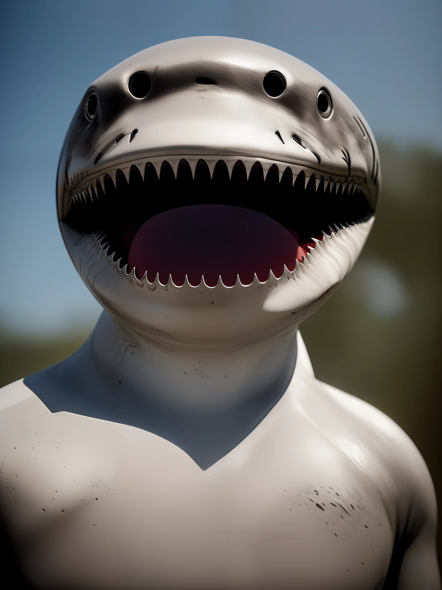 Strashnach big white, shark, Head from a live white shark, The torso is made of metal, (cyborgshark:1.1), ([tail | Detailed wire]:1.3), (intricate detail), HDR, (intricate detail, hyper detail:1.2), Cinematic Frame, vignette, in the center, “Hyper-realistic textures," "Exact Details,” “Realistic still life,” “Realistic portraits,” “Realistic landscapes."
