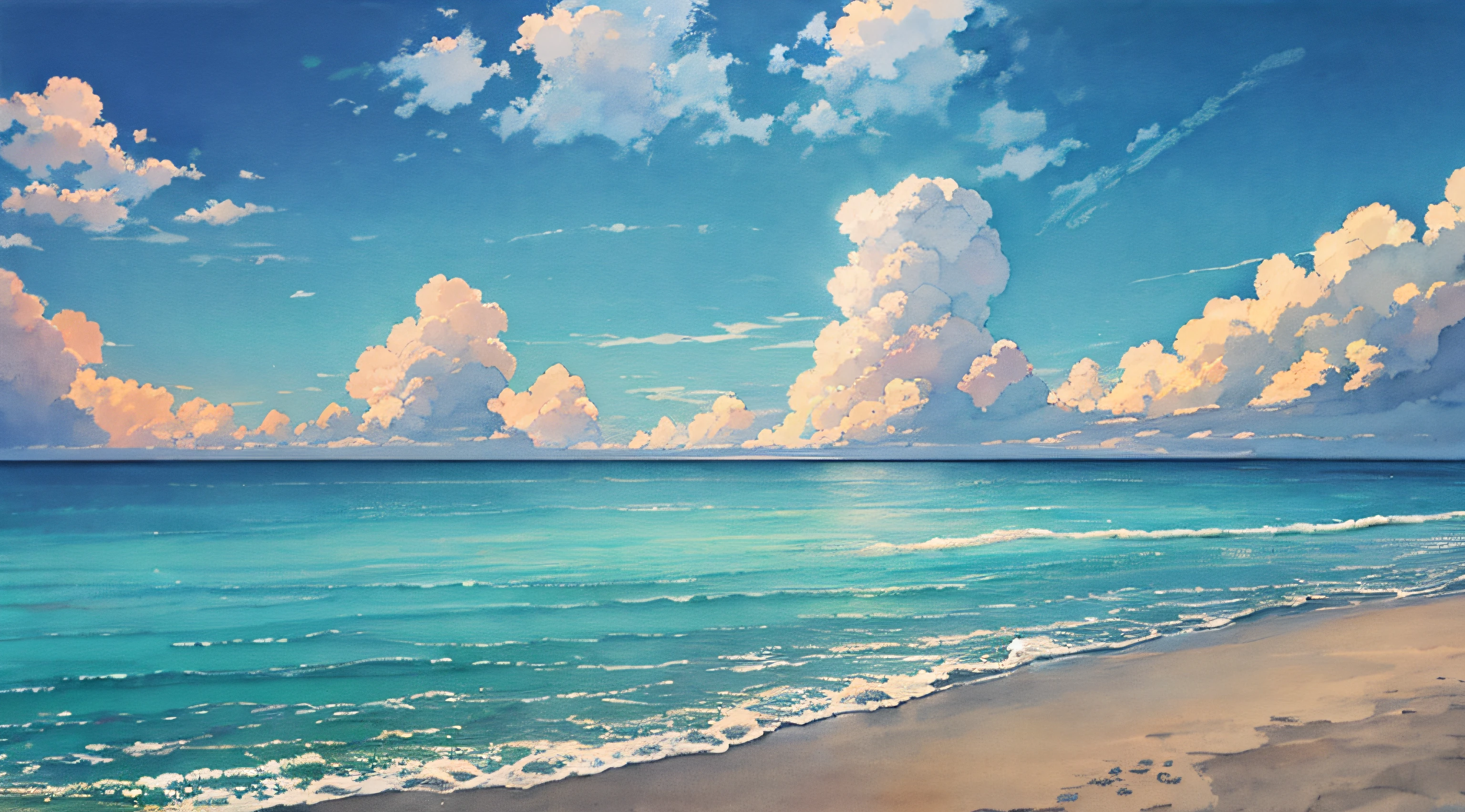 calm sea, crystal clear sea, white sand, resort, (morning: 1.2), ((natural lighting)), clear focus, (long shot: 1.1), watercolor, painting, (summer: 1.2), incoming clouds, horizon