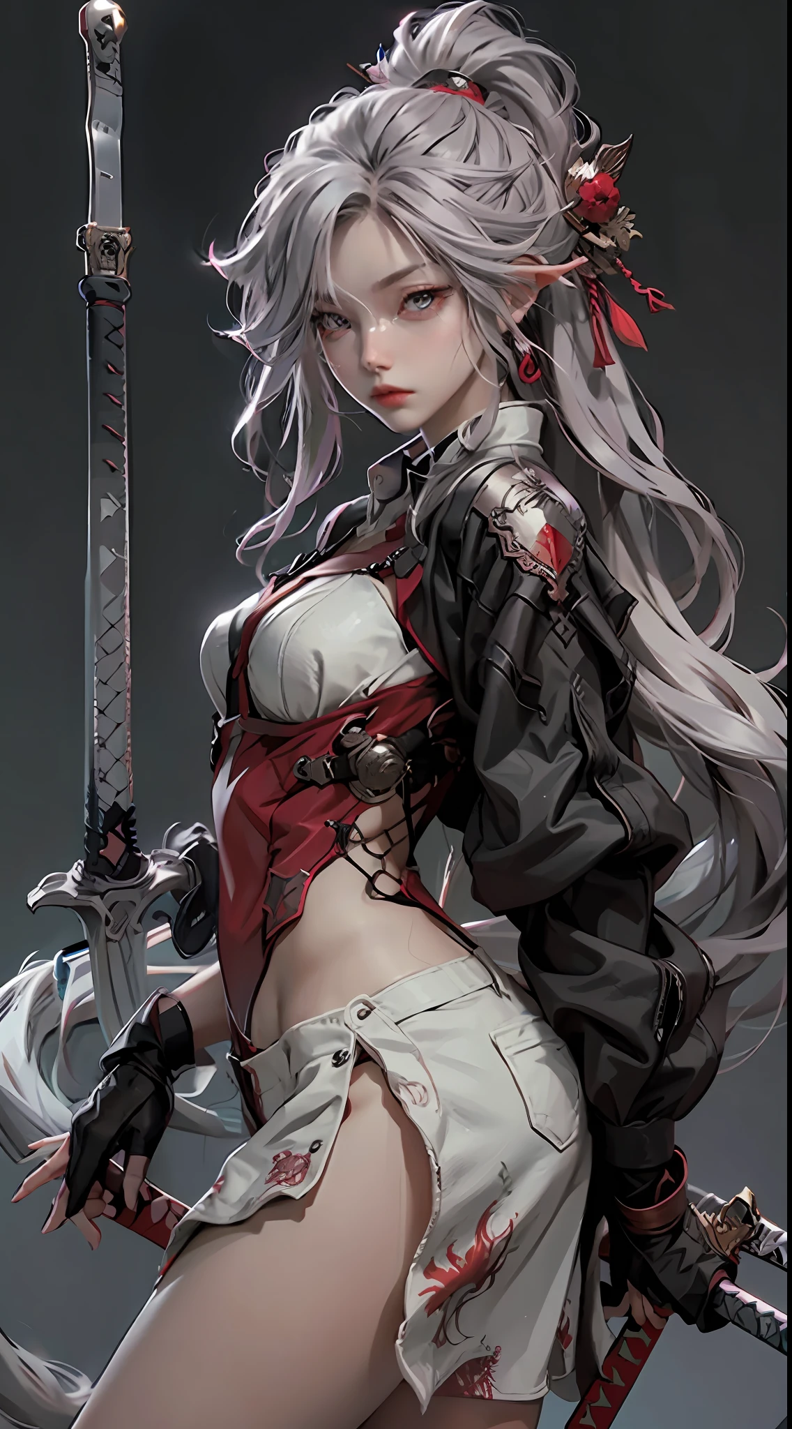 A cool boy, grey hair, red eyes, sword
