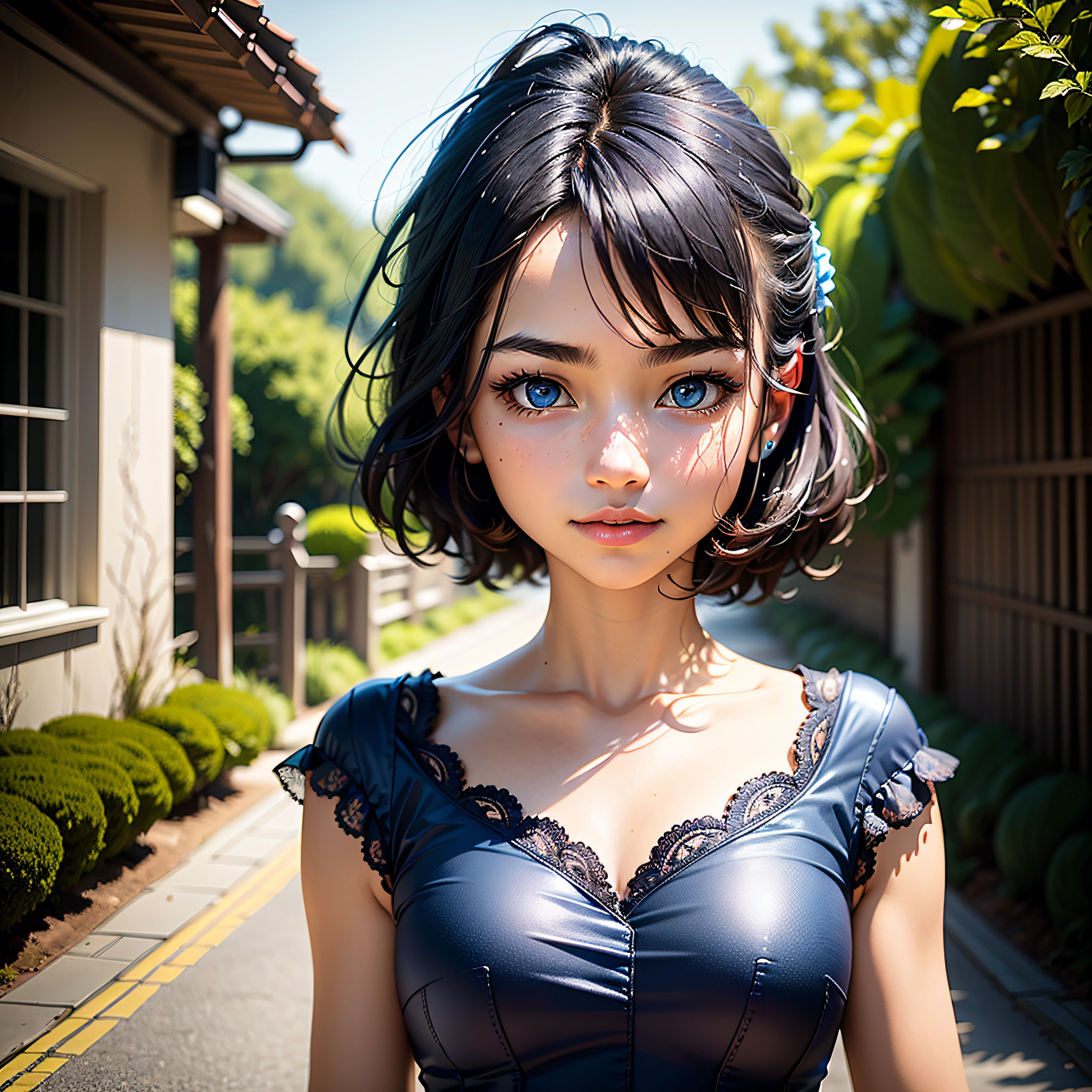 (masterpiece, highest quality, highest resolution, distinct_image, detailed detail, portrait): (Solo, lone girl, face is Japan, short cut, girl with black hair, (perfect body: 1.4), sparkling blue colored eyes, blue dress figure, very delicate and beautiful, detailed skin, slim body, gentle smile, heroine, headset, boots, front, Towards the viewer), rural landscape