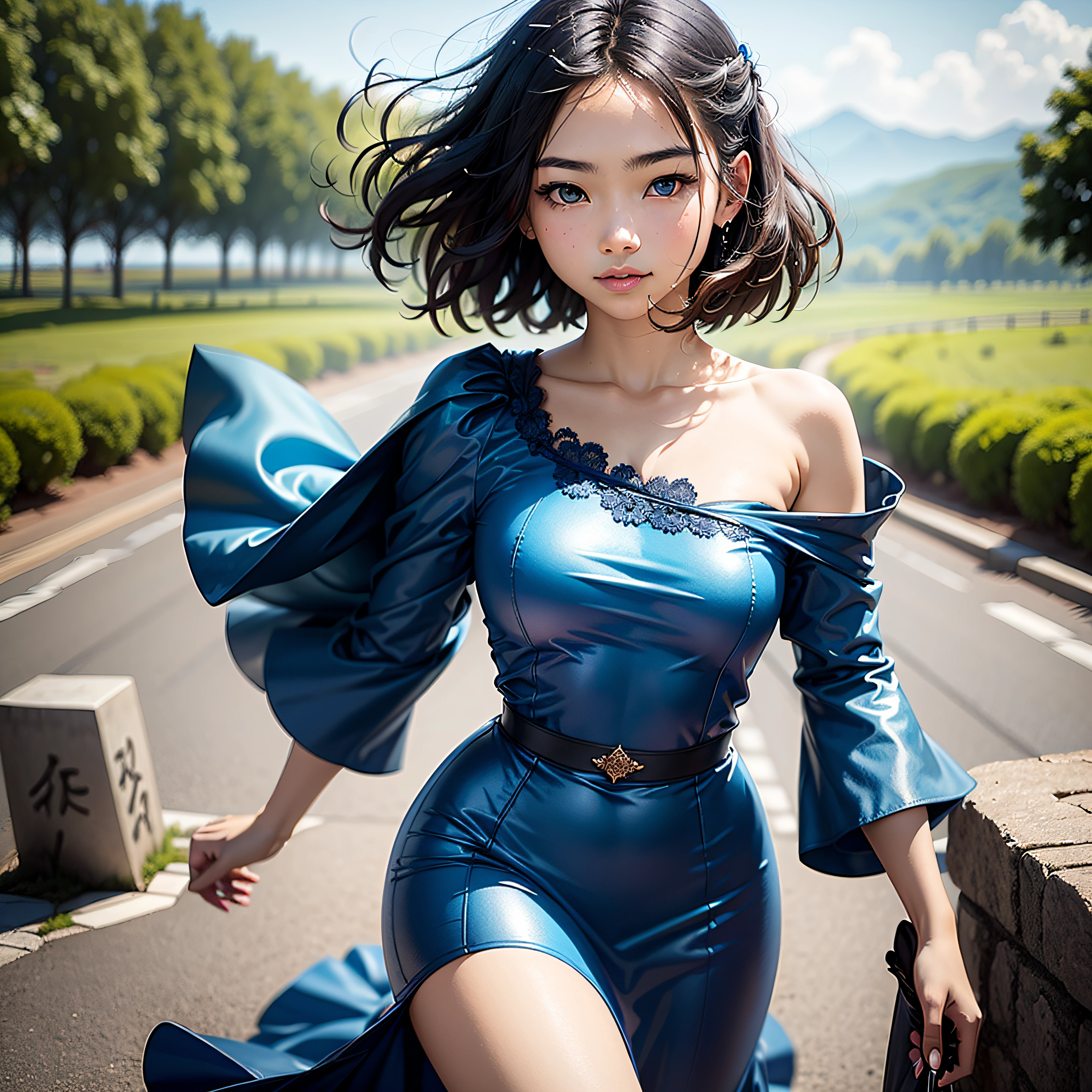 (masterpiece, highest quality, highest resolution, distinct_image, detailed detail, portrait): (Solo, lone girl, face is Japan, short cut, girl with black hair, (perfect body: 1.4), sparkling blue colored eyes, blue dress figure, very delicate and beautiful, detailed skin, slim body, gentle smile, heroine, headset, boots, front, Towards the viewer), rural landscape