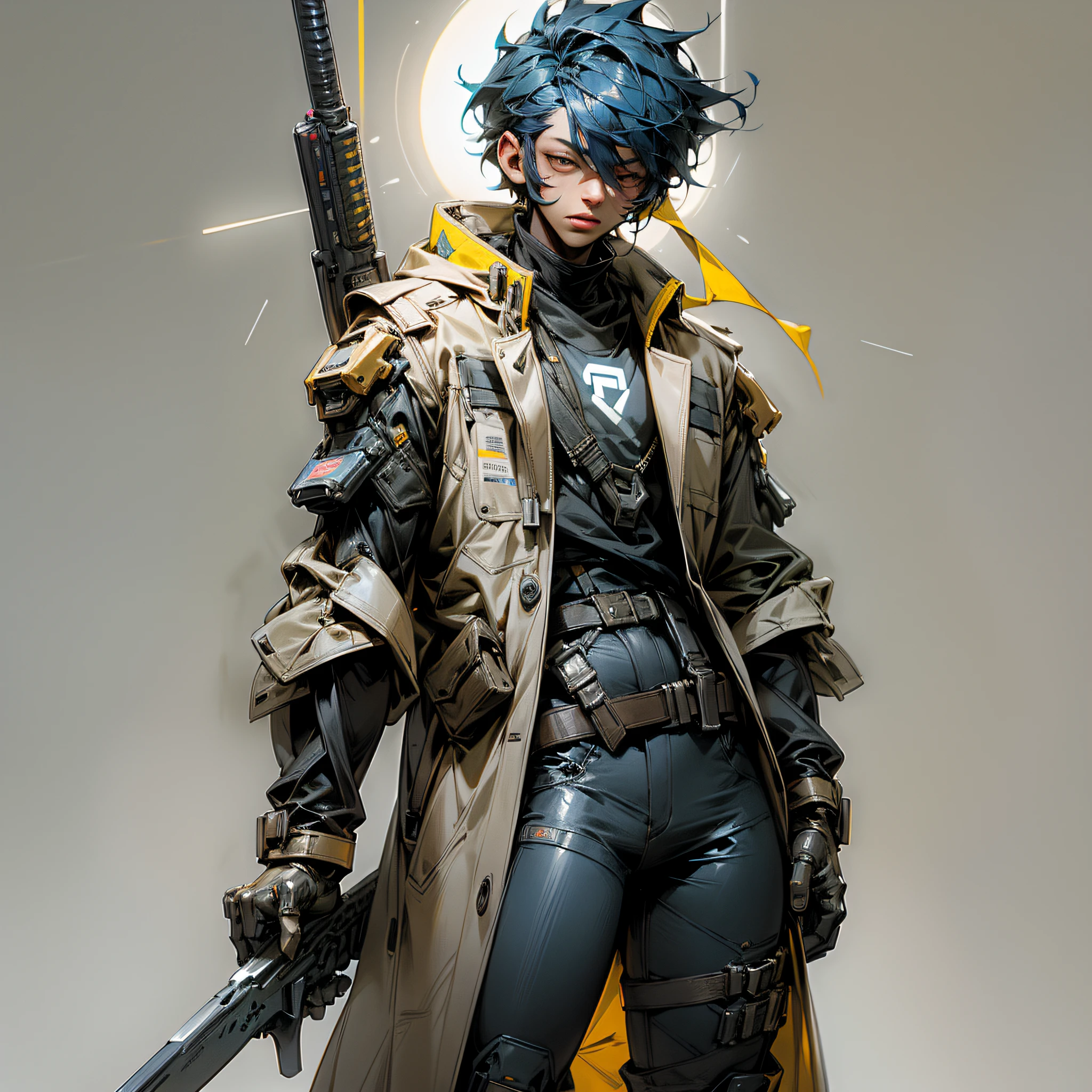 Boy of 30 years, brown leather pants with blue military boots, short haircut, height 1.80 m.com white cyberpunk style coat, modern ocúlos in yellow tone. holding a futuristic gun. A katana is on his back. hyper realistic, natural lighting, dark bluish background --auto --s2