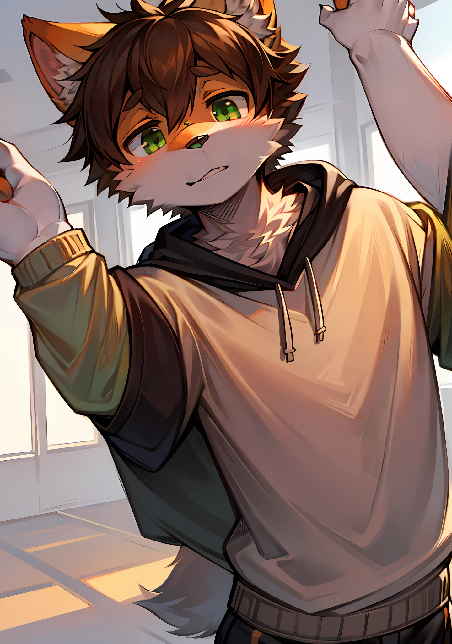Bright eyes, without background,shaggy, Hairy male, Male focus,juvenile, Full body fur, Fluffy tail, Orange-white fur, Light green eyes, with brown hair:1.2), (Long canids、Physical Education Student、Sweatshirt:1.2)