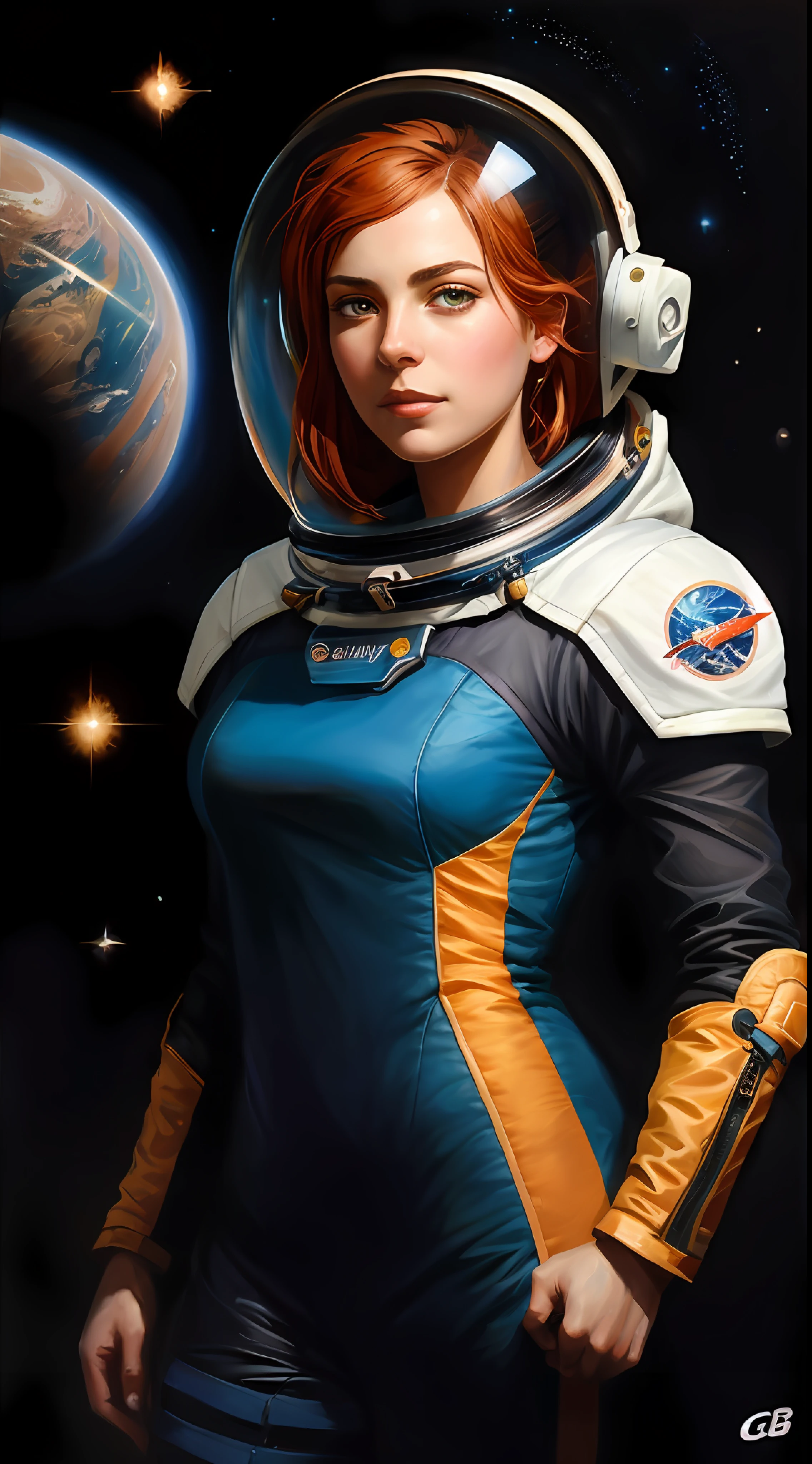 (чрезвычайно подробные обои CG Unity 8k), A complete photo of the most beautiful work of art in outer space, sci-fi space landscape, Planet, Very beautiful astronaut girl with orange hair, in a spacesuit, Closed helmet, professional majestic oil painting by Ed Blinky, Atea Gailana, Studio Ghibli, Jeremy Manna, Greg Manchess, Antonio Moro, trends on ArtStation, trending on CGSociety, intricated, high detailed, Sharp focus, Dramatic, photorealistic drawing by Midjourney and Greg Rutkowski