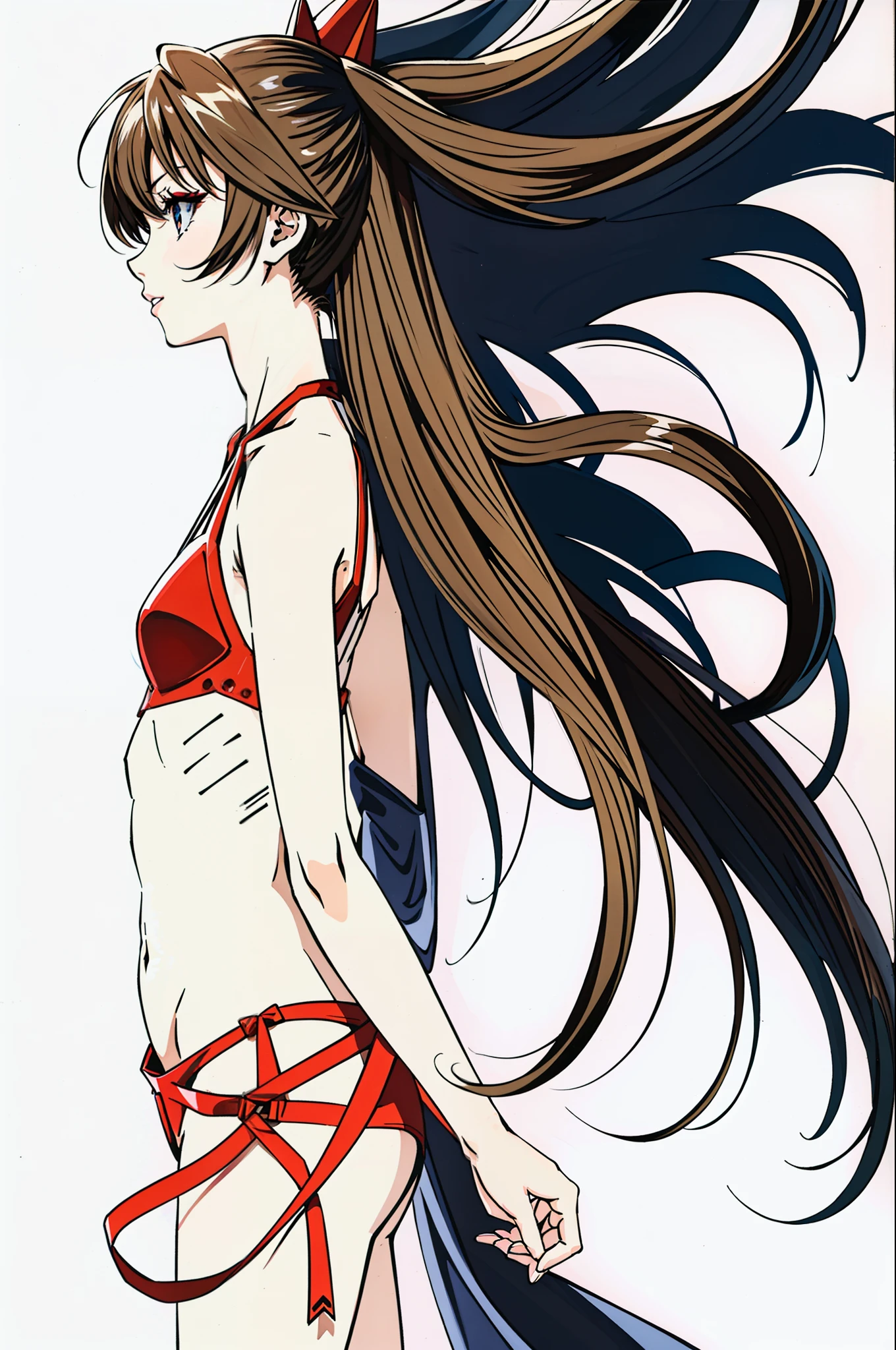 full length portrait photo, beautiful anorexic Asuka Langley, very skinny in bikini, visible bones and ribs, small flat breasts, very small waist, thin legs, beautiful face, profile view of Asuka Langley very skinny, white background.