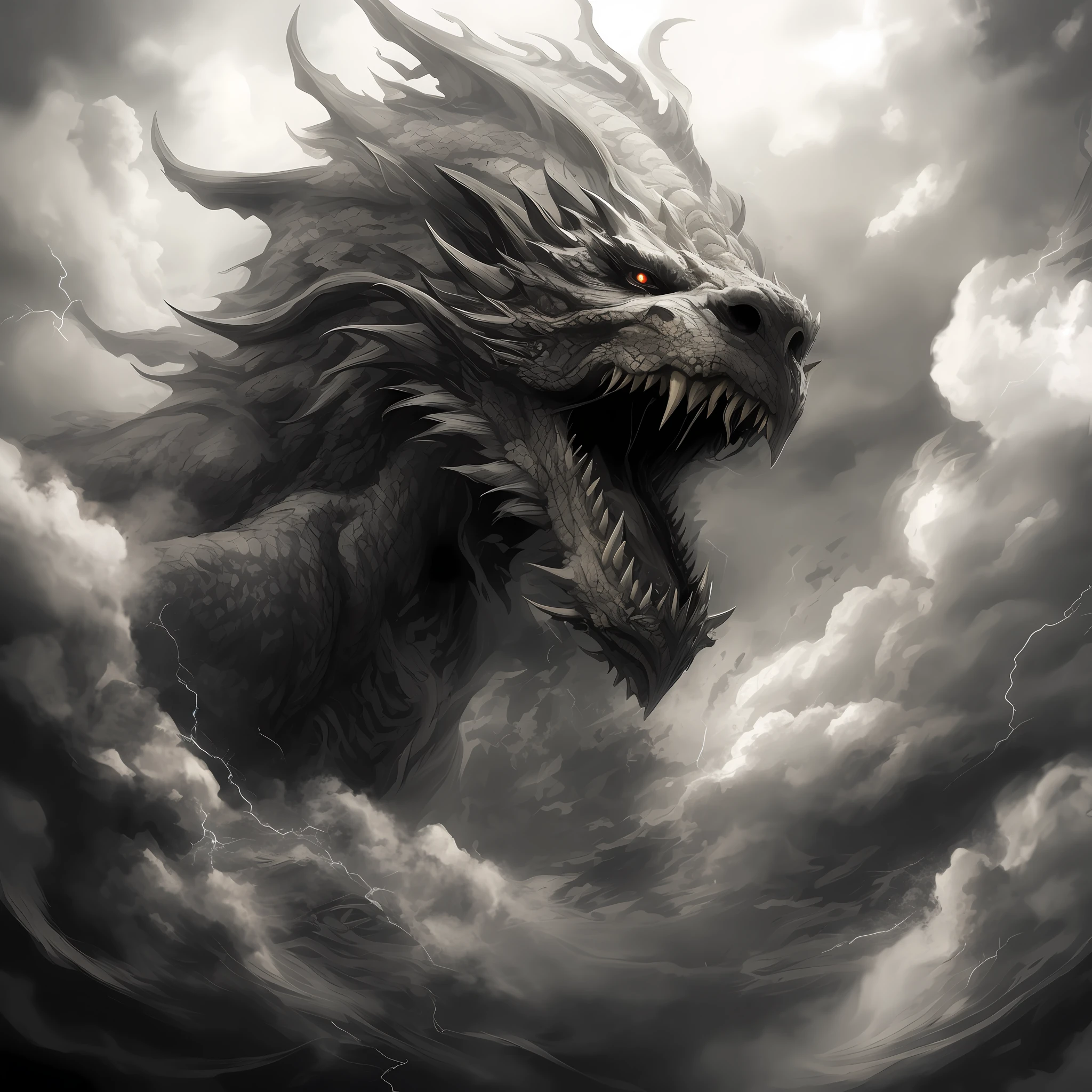 Alphasaurus in the clouds，A bolt of lightning came out of his mouth, a dragon made of clouds, storm dragon, cloud in the shape of a dragon, fenrir, Dragon in the sky, god of dragons, an ominous fantasy illustration, a majestic gothic dragon, epic dragon, dragon with scars, alduin, dragon flying in sky, mythical creature