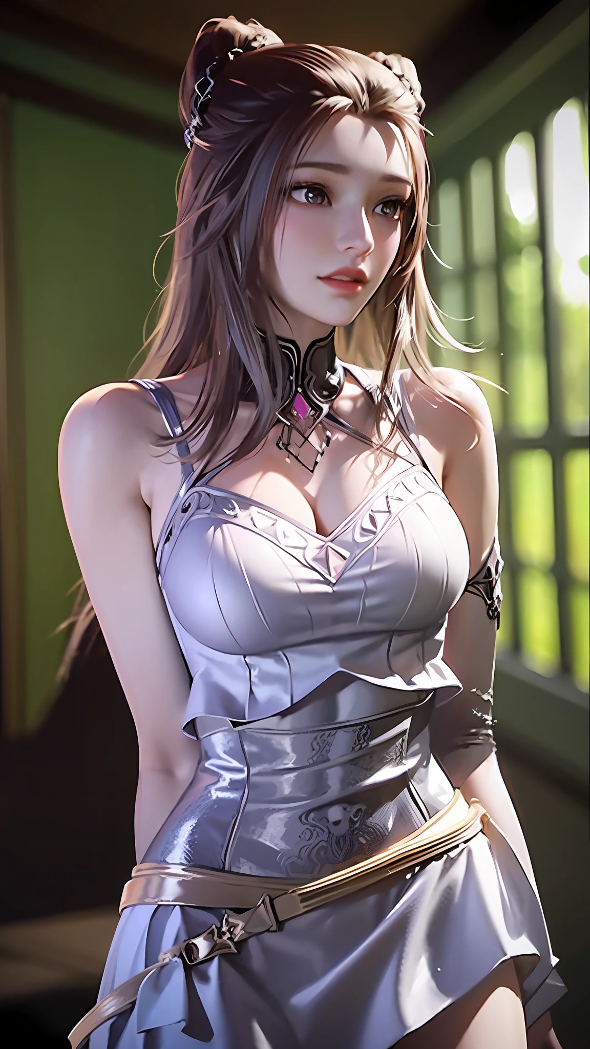 ((Dark Light, Top Quality, 8K, Masterpiece: 1.3)), (Focus: 1.2), (In Chinese, Casual Theme, Indoor: 1.5), (Beauty & Slim Abs: 1.4), ((Layered Hairstyle)), (White Shirt: 1.6), (White Lace Short Skirt: 1.3), Highly Detailed Face and Skin Texture, Whitening Skin, (Full Body: 1.4), White Clothes, Security, Water Element, Dark Forest, Night, Spooky and Contrasting